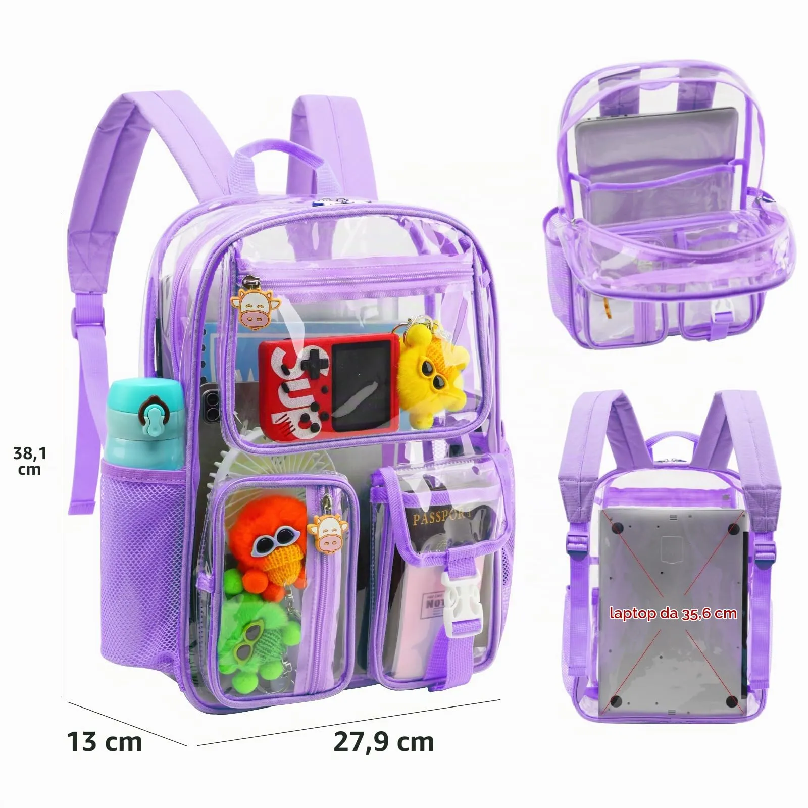 TINYAT Zaino trasparente da donna trasparente Impermeabile Super PVC Zaino Casual Zaino Moda Donna Shopping Dating Pack, T9051, Viola/9063 - immagine 3