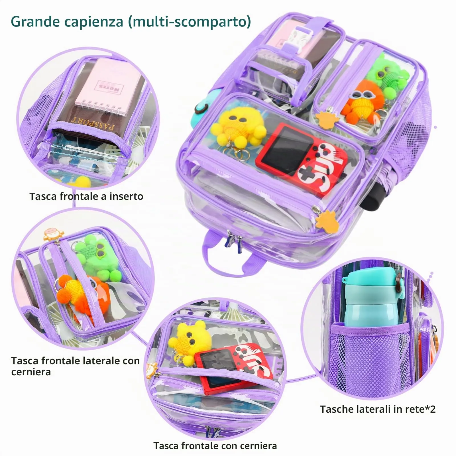 TINYAT Zaino trasparente da donna trasparente Impermeabile Super PVC Zaino Casual Zaino Moda Donna Shopping Dating Pack, T9051, Viola/9063 - immagine 4