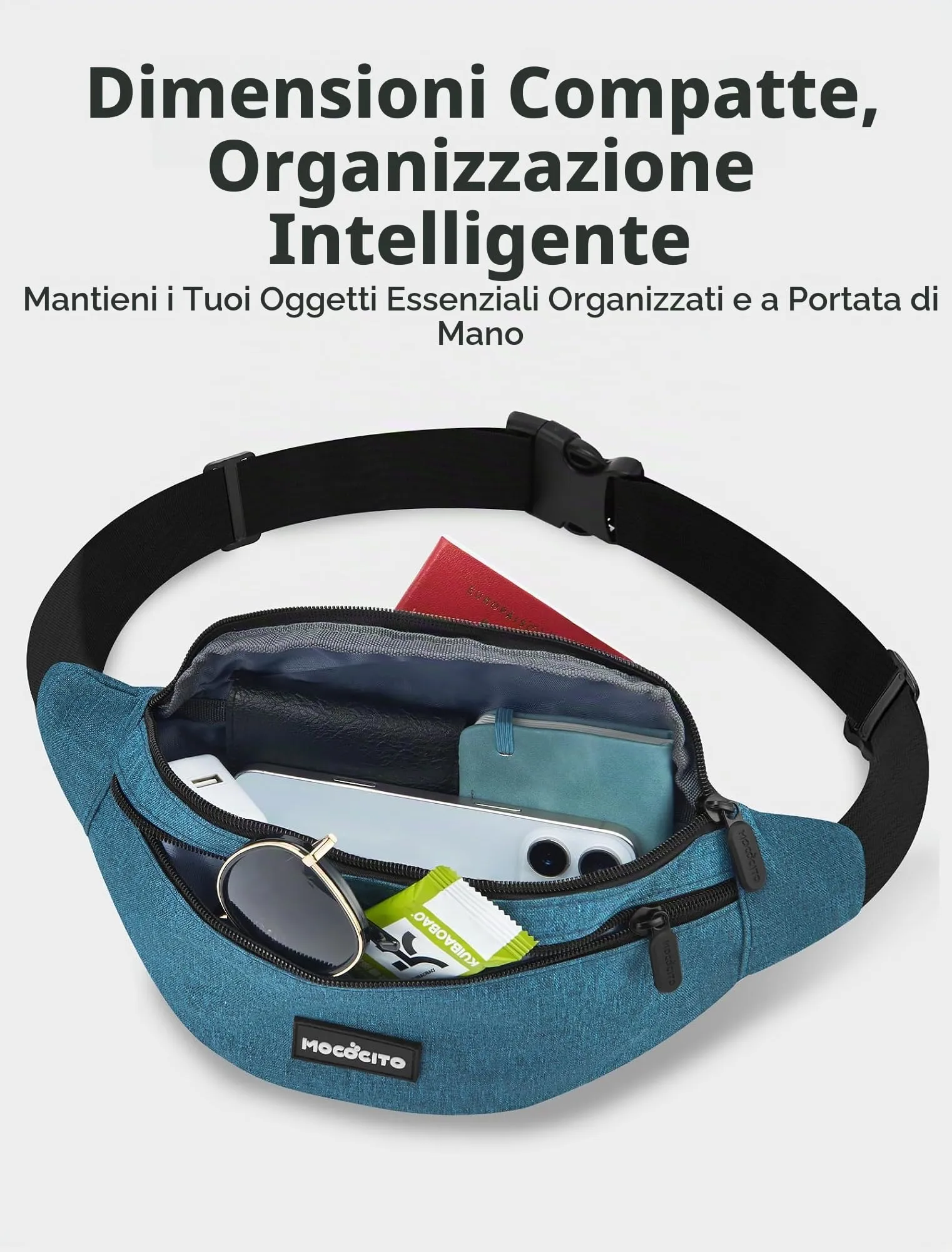 MOCOCITO Marsupio Uomo Donna,Marsupio Sportivo con 4 Zip Tasche,Marsupio Uomo Tracolla Piccolo Cintura Regolabile, Marsupio da Lavoro Impermeabile per Ciclismo Running Escursionismo Trekking Concerti - immagine 3