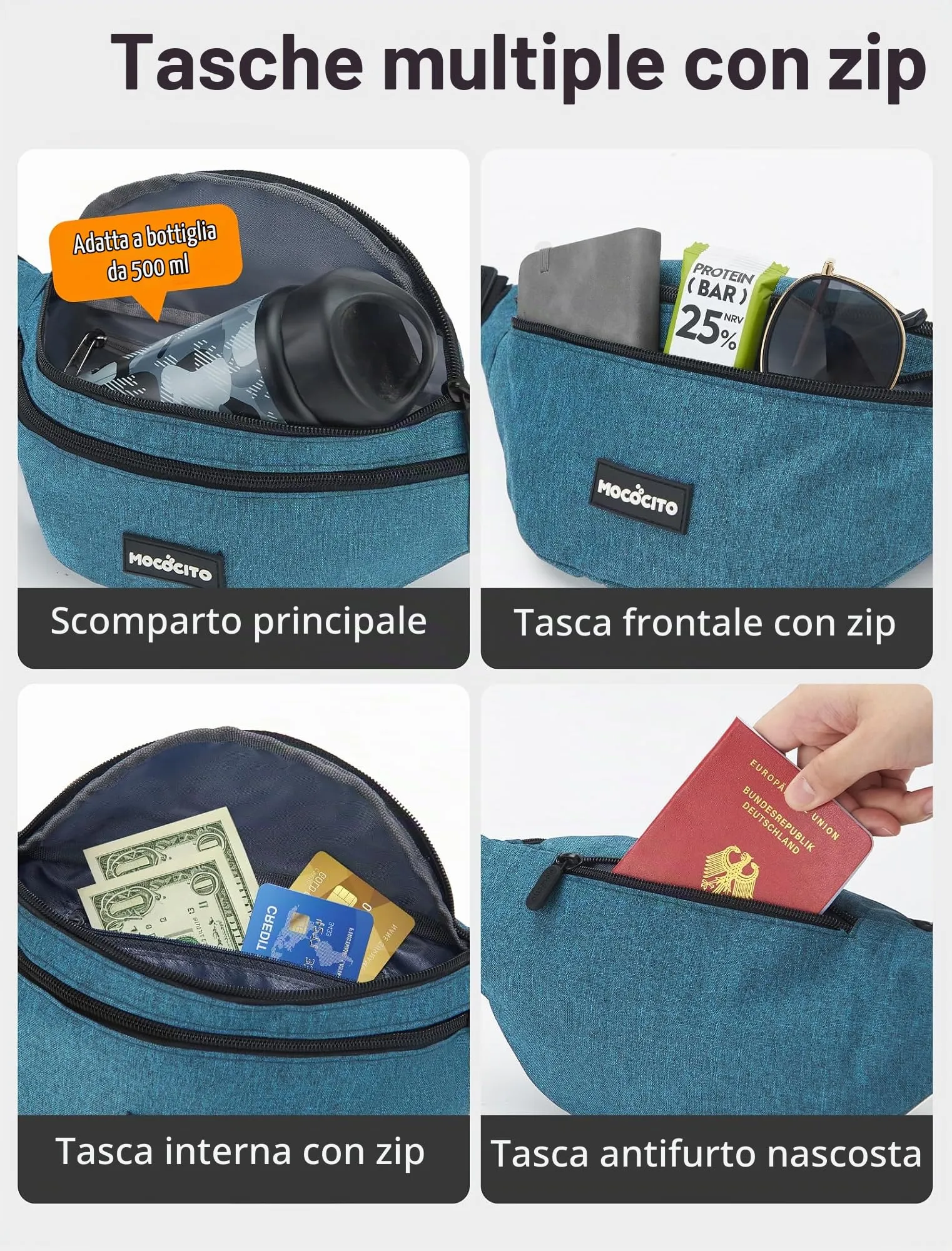 MOCOCITO Marsupio Uomo Donna,Marsupio Sportivo con 4 Zip Tasche,Marsupio Uomo Tracolla Piccolo Cintura Regolabile, Marsupio da Lavoro Impermeabile per Ciclismo Running Escursionismo Trekking Concerti - immagine 4