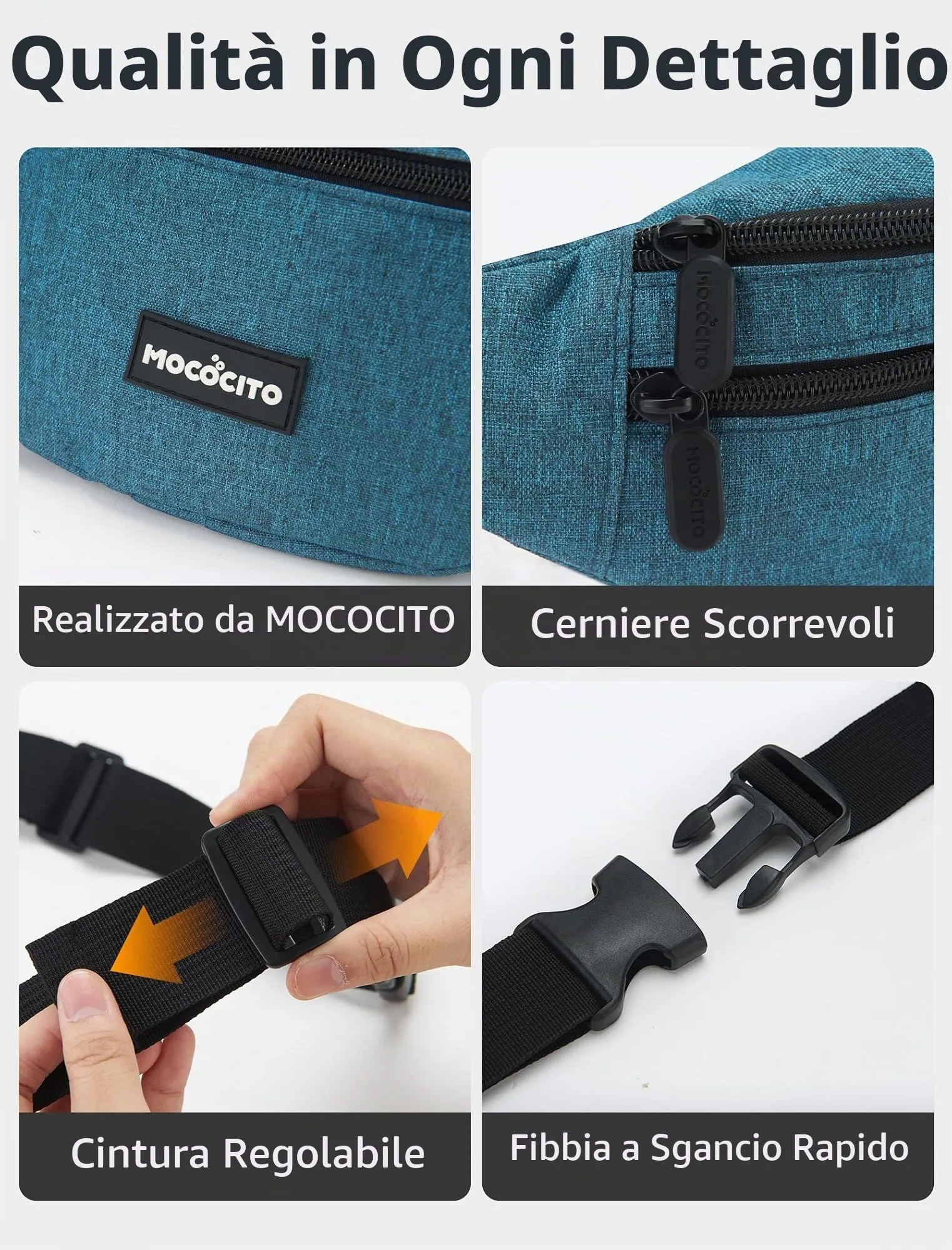 MOCOCITO Marsupio Uomo Donna,Marsupio Sportivo con 4 Zip Tasche,Marsupio Uomo Tracolla Piccolo Cintura Regolabile, Marsupio da Lavoro Impermeabile per Ciclismo Running Escursionismo Trekking Concerti - immagine 6