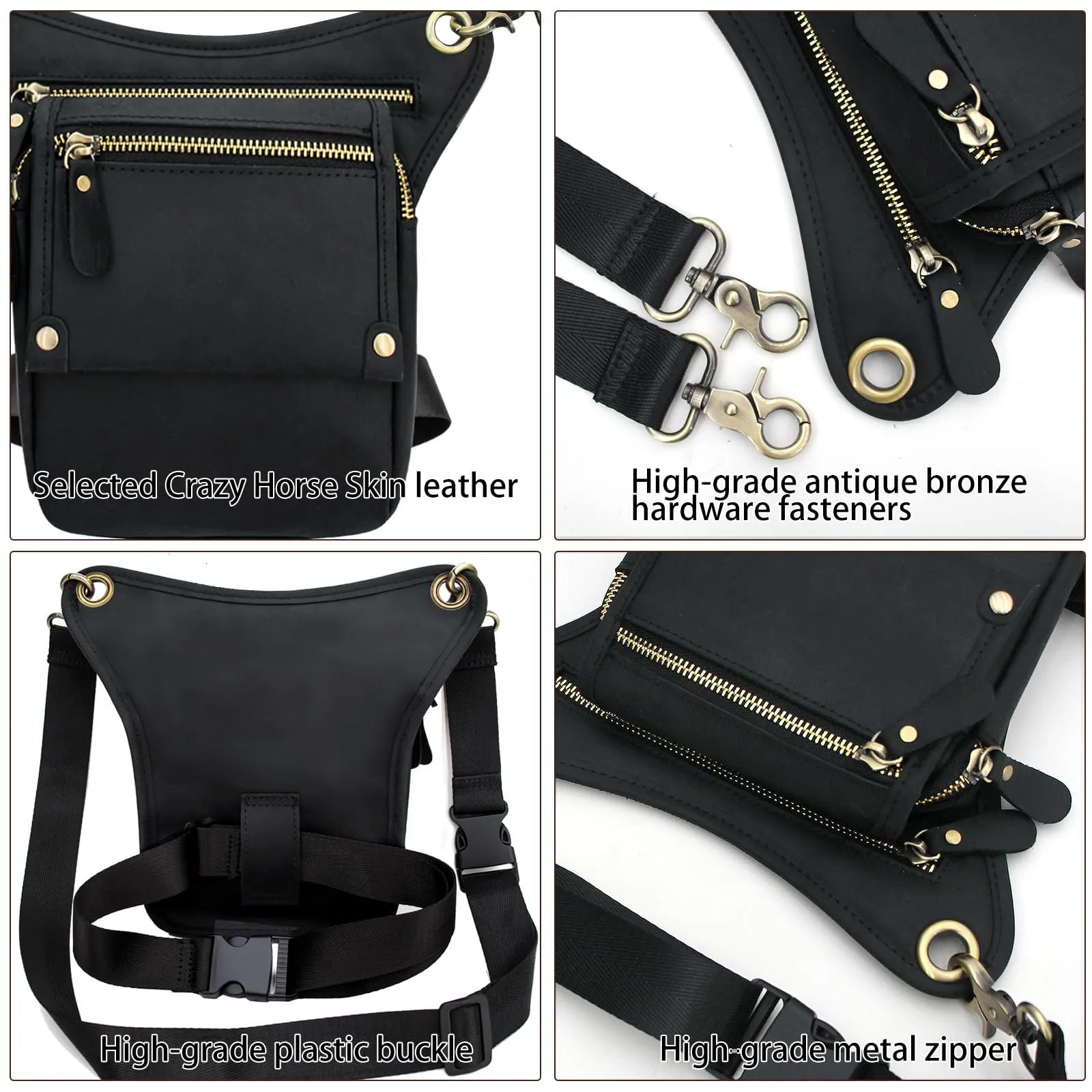 Boshiho Borsa da uomo in vera pelle – Marsupio per moto, nero, 25 x 24 x 4 cm, 2 tasche, impermeabile, per uomini e donne, all'aperto, escursionismo, arrampicata, viaggi - immagine 4