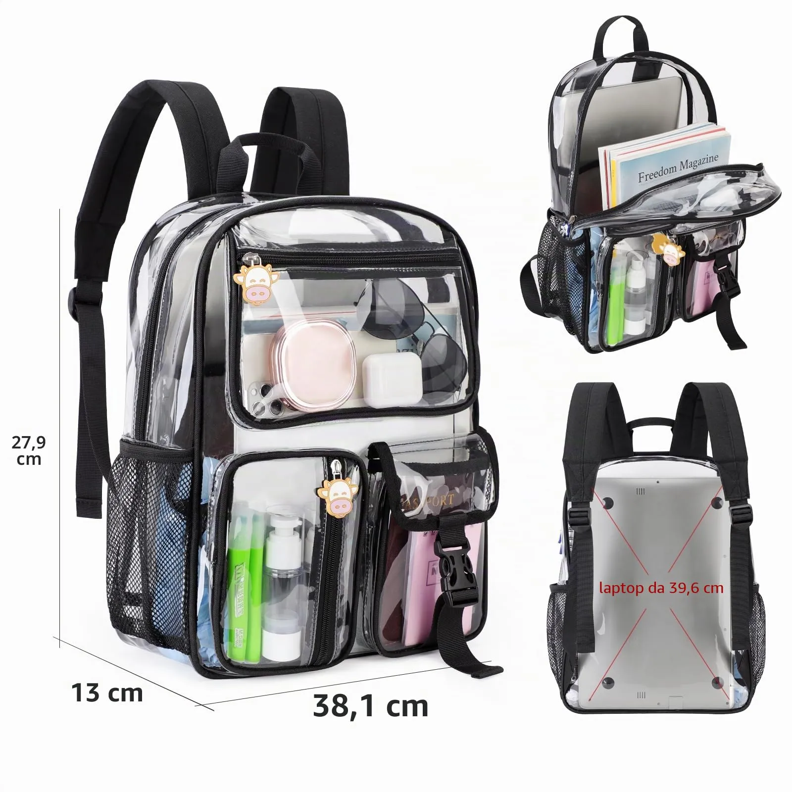 TINYAT Zaino trasparente Borsa trasparente resistente Zaino trasparente grande Approvato per lo stadio per college, concerti, sport - immagine 3