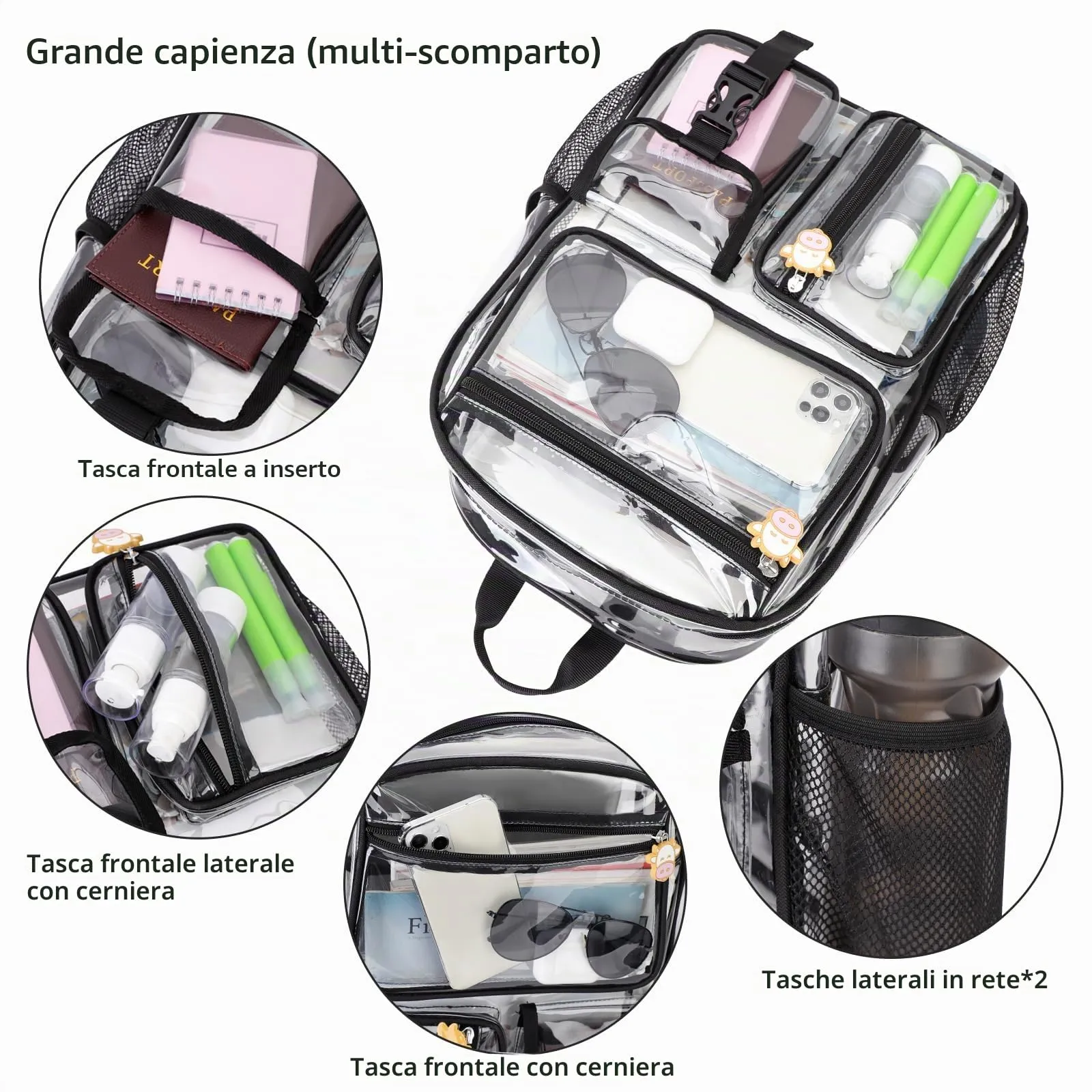 TINYAT Zaino trasparente Borsa trasparente resistente Zaino trasparente grande Approvato per lo stadio per college, concerti, sport - immagine 4