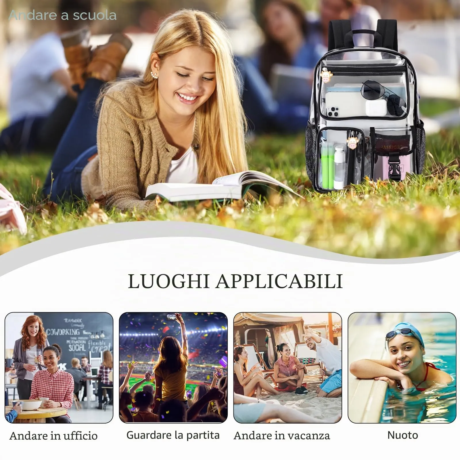 TINYAT Zaino trasparente Borsa trasparente resistente Zaino trasparente grande Approvato per lo stadio per college, concerti, sport - immagine 6