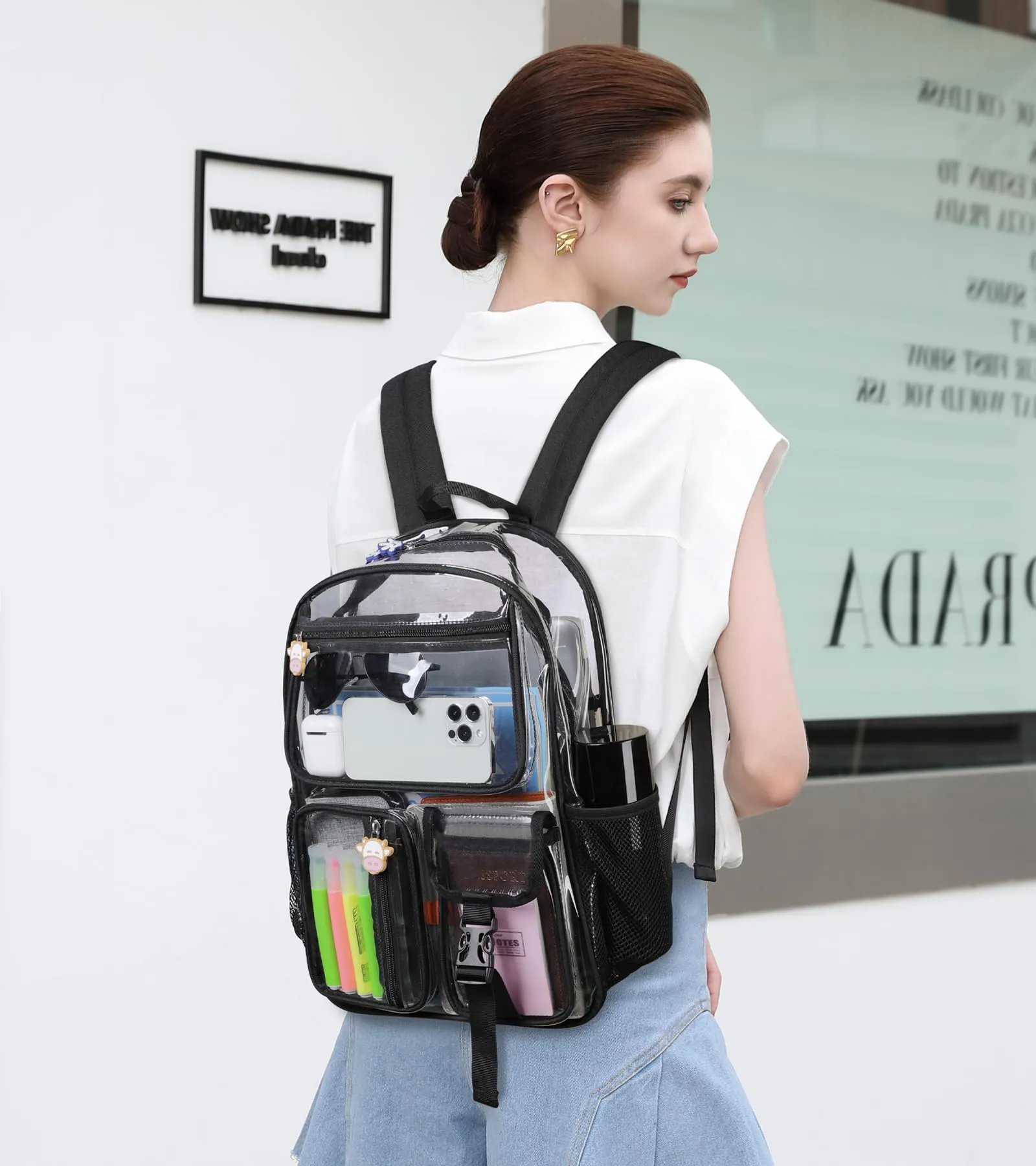 TINYAT Zaino trasparente Borsa trasparente resistente Zaino trasparente grande Approvato per lo stadio per college, concerti, sport - immagine 7