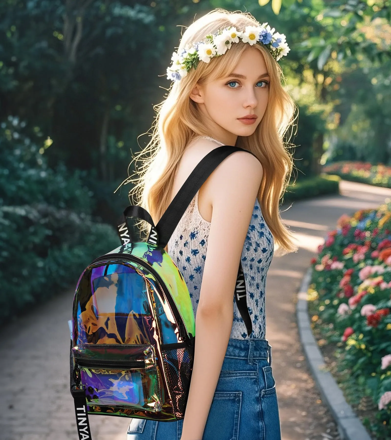 TINYAT Zaino trasparente olografico Borsa trasparente laser colorato Zaino trasparente da donna concerto Sacchetti trasparenti omologati per lo stadio - immagine 2