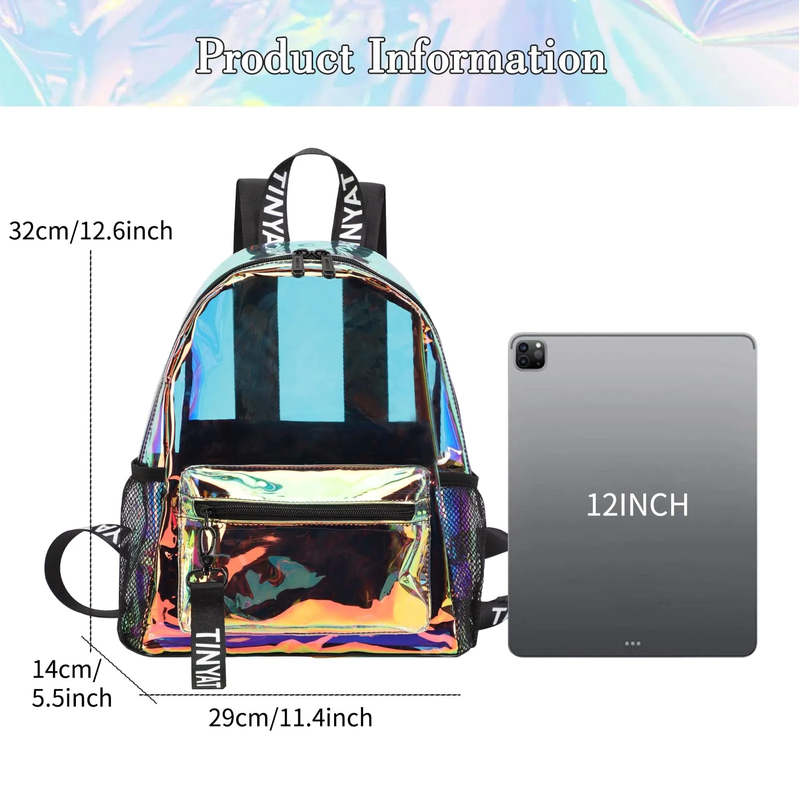 TINYAT Zaino trasparente olografico Borsa trasparente laser colorato Zaino trasparente da donna concerto Sacchetti trasparenti omologati per lo stadio - immagine 3