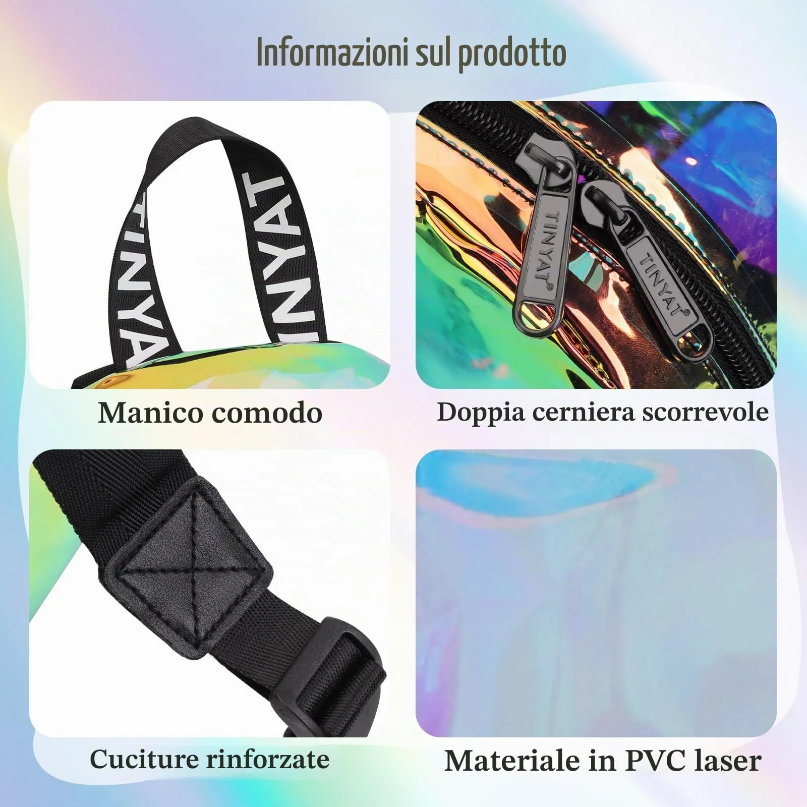 TINYAT Zaino trasparente olografico Borsa trasparente laser colorato Zaino trasparente da donna concerto Sacchetti trasparenti omologati per lo stadio - immagine 4