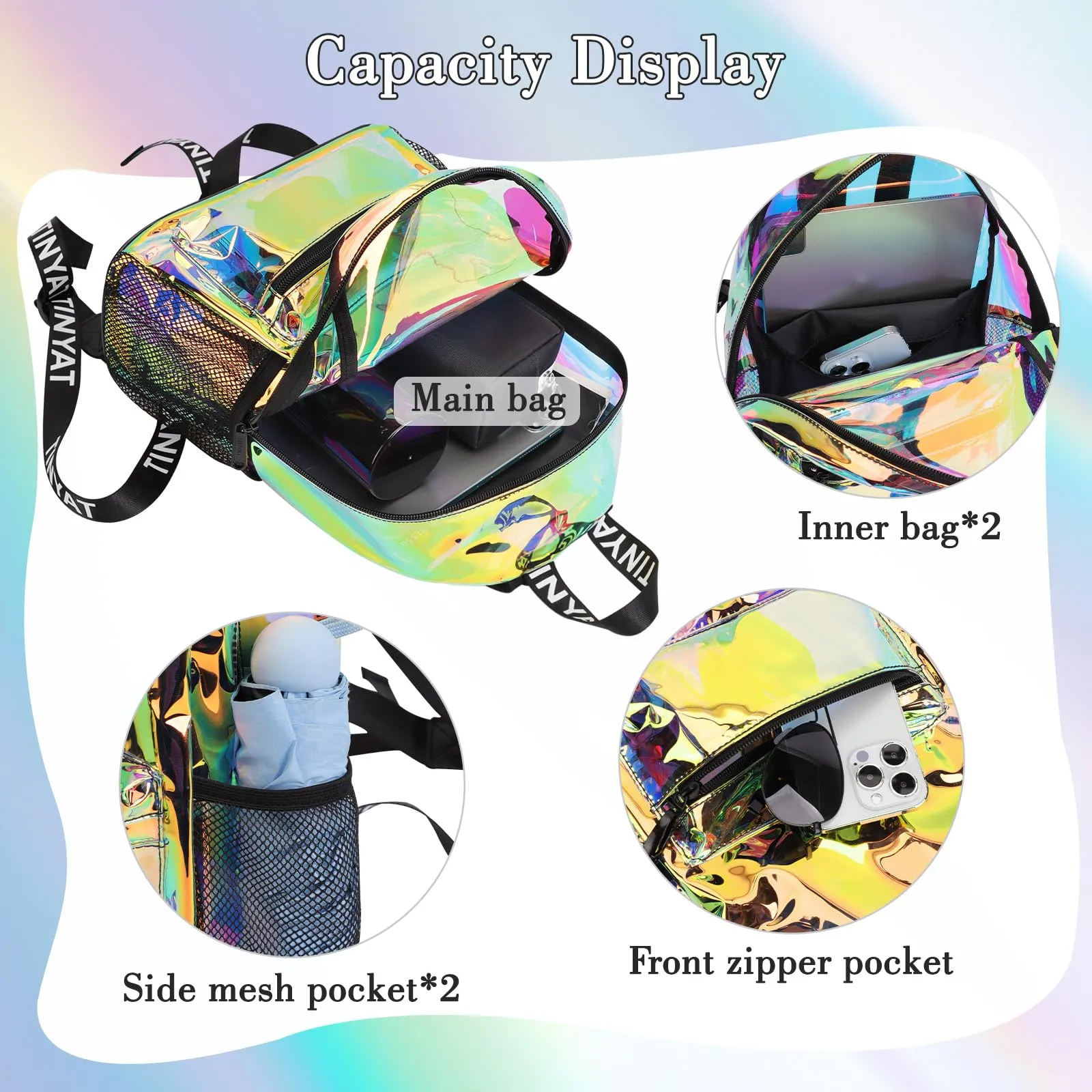 TINYAT Zaino trasparente olografico Borsa trasparente laser colorato Zaino trasparente da donna concerto Sacchetti trasparenti omologati per lo stadio - immagine 5