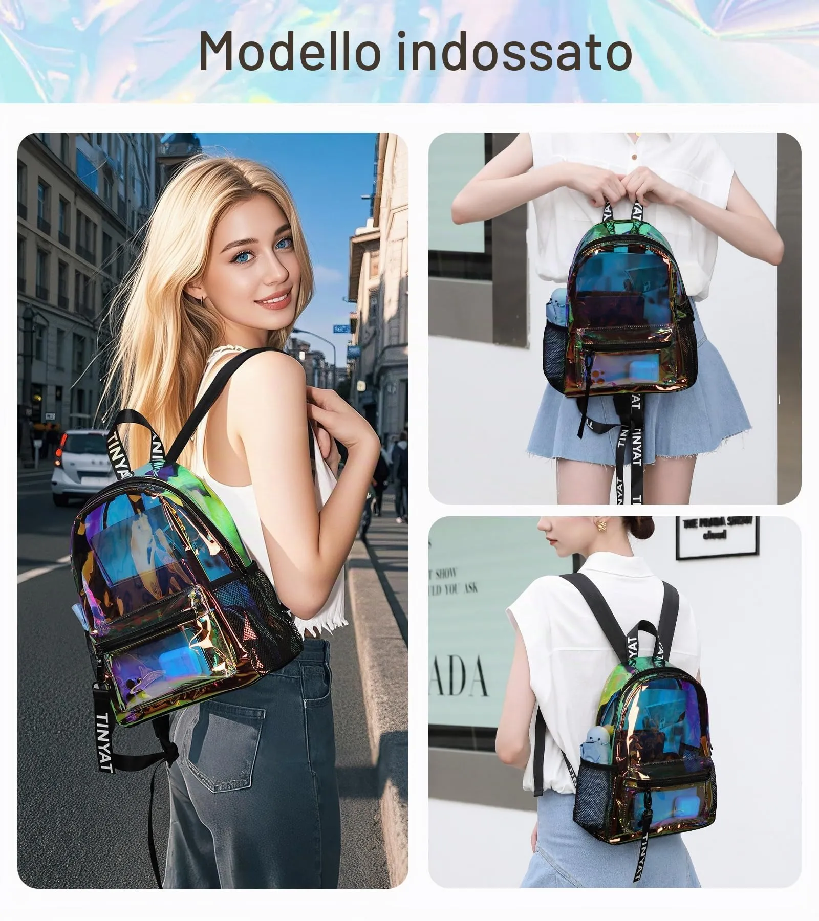 TINYAT Zaino trasparente olografico Borsa trasparente laser colorato Zaino trasparente da donna concerto Sacchetti trasparenti omologati per lo stadio - immagine 6