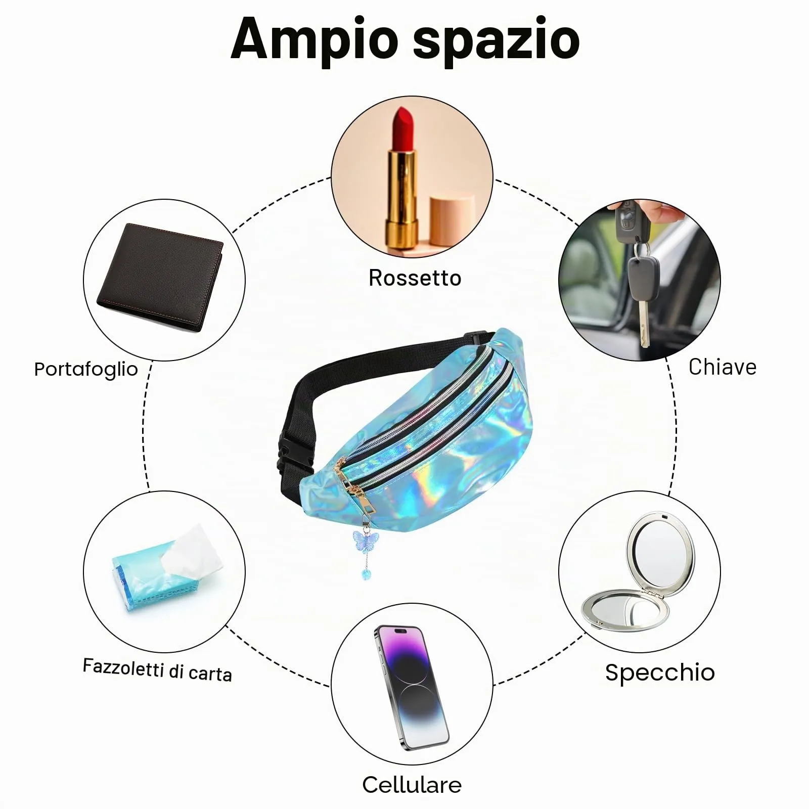 Marsupio Elegante con Decorazione a Farfalla, per Ragazzi e Bambini, Festival Hipbag, Blu, 30 x 12 x 13 cm, Alla Moda - immagine 6
