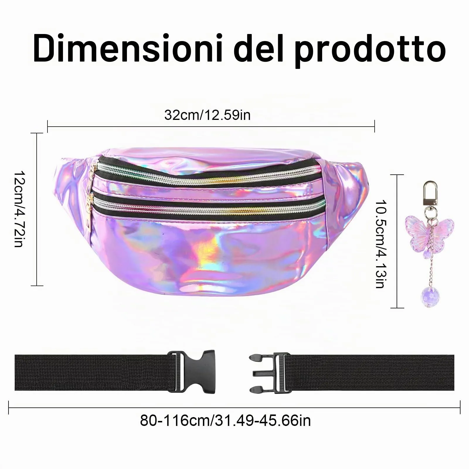 Marsupio con Decorazione a Farfalla, Elegante Hipbag per Ragazzi e Bambini, Colorato da Donna, Viola - 30 x 12 x 13 cm, Alla - immagine 2