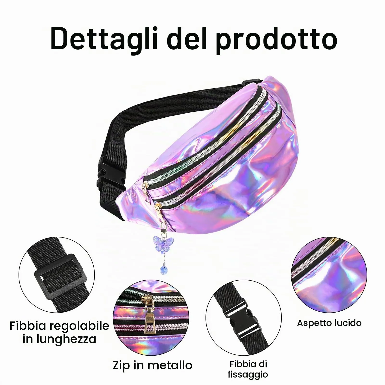 Marsupio con Decorazione a Farfalla, Elegante Hipbag per Ragazzi e Bambini, Colorato da Donna, Viola - 30 x 12 x 13 cm, Alla - immagine 3