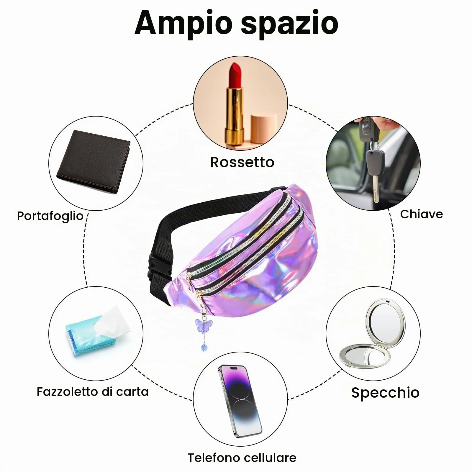 Marsupio con Decorazione a Farfalla, Elegante Hipbag per Ragazzi e Bambini, Colorato da Donna, Viola - 30 x 12 x 13 cm, Alla - immagine 6