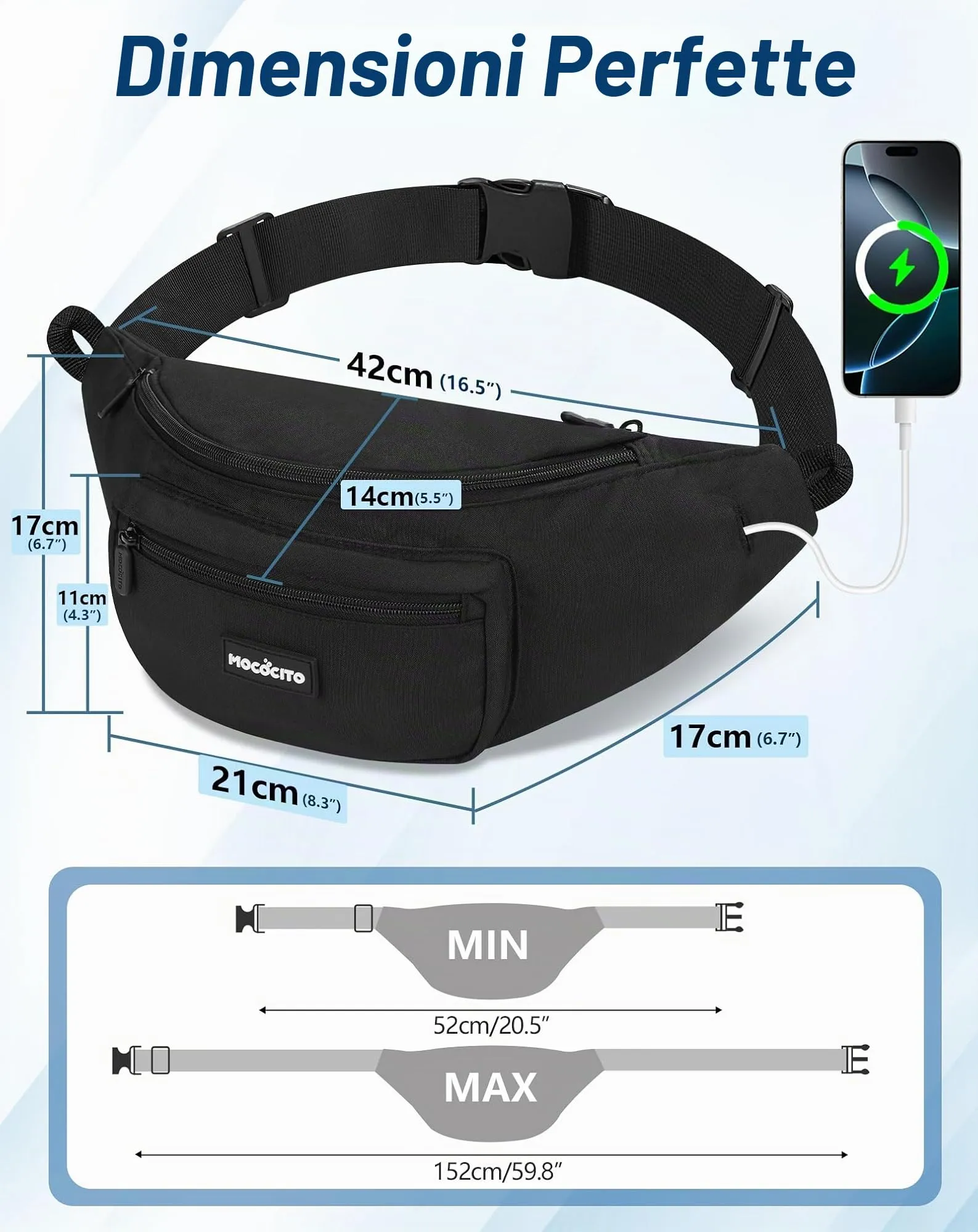 MOCOCITO Marsupio Uomo Donna Grande 4L,Marsupio da Viaggio Sportivo,Cintura Regolabile 52-152cm Waist Doggy Bag Impermeabile con Copertura Antipioggia,Jack Per Cuffie 4 Tasche Per Ciclismo Trekking - immagine 2