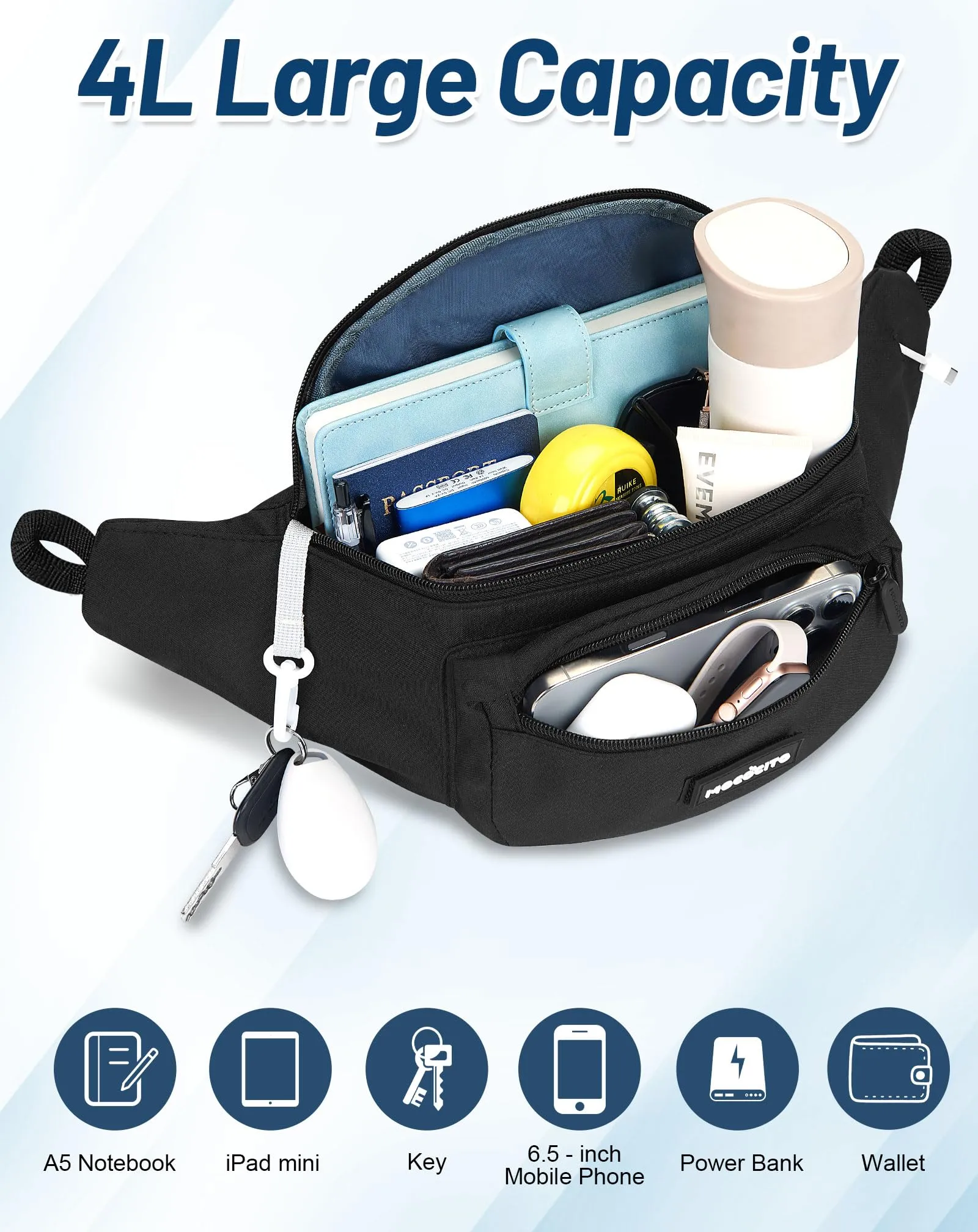 MOCOCITO Marsupio Uomo Donna Grande 4L,Marsupio da Viaggio Sportivo,Cintura Regolabile 52-152cm Waist Doggy Bag Impermeabile con Copertura Antipioggia,Jack Per Cuffie 4 Tasche Per Ciclismo Trekking - immagine 3