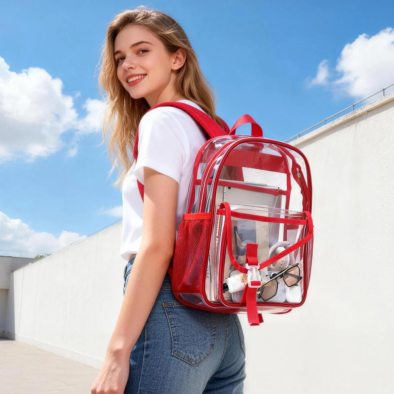TINYAT Zaino trasparente Zaino da donna trasparente Impermeabile Super PVC Zaino Casual Zaino Moda Donna Shopping Dating Pack, T9051, Rosso/141573, 10.23*4.3*13.7 inches (26*11*35cm), Zaino daypack - immagine 2
