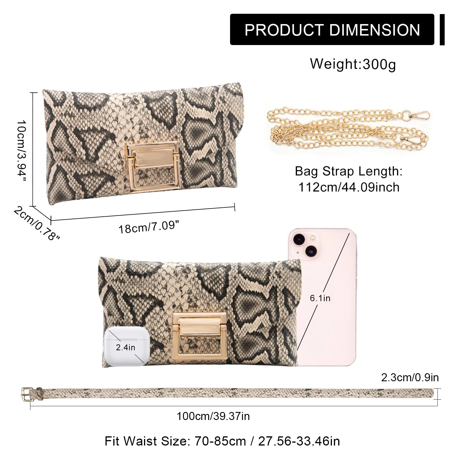 YAMEIZE Marsupio In Pelle PU per Donna Borsa Da Cintura tracolla a catena con cintura staccabile (Pelle di Serpente) - immagine 2