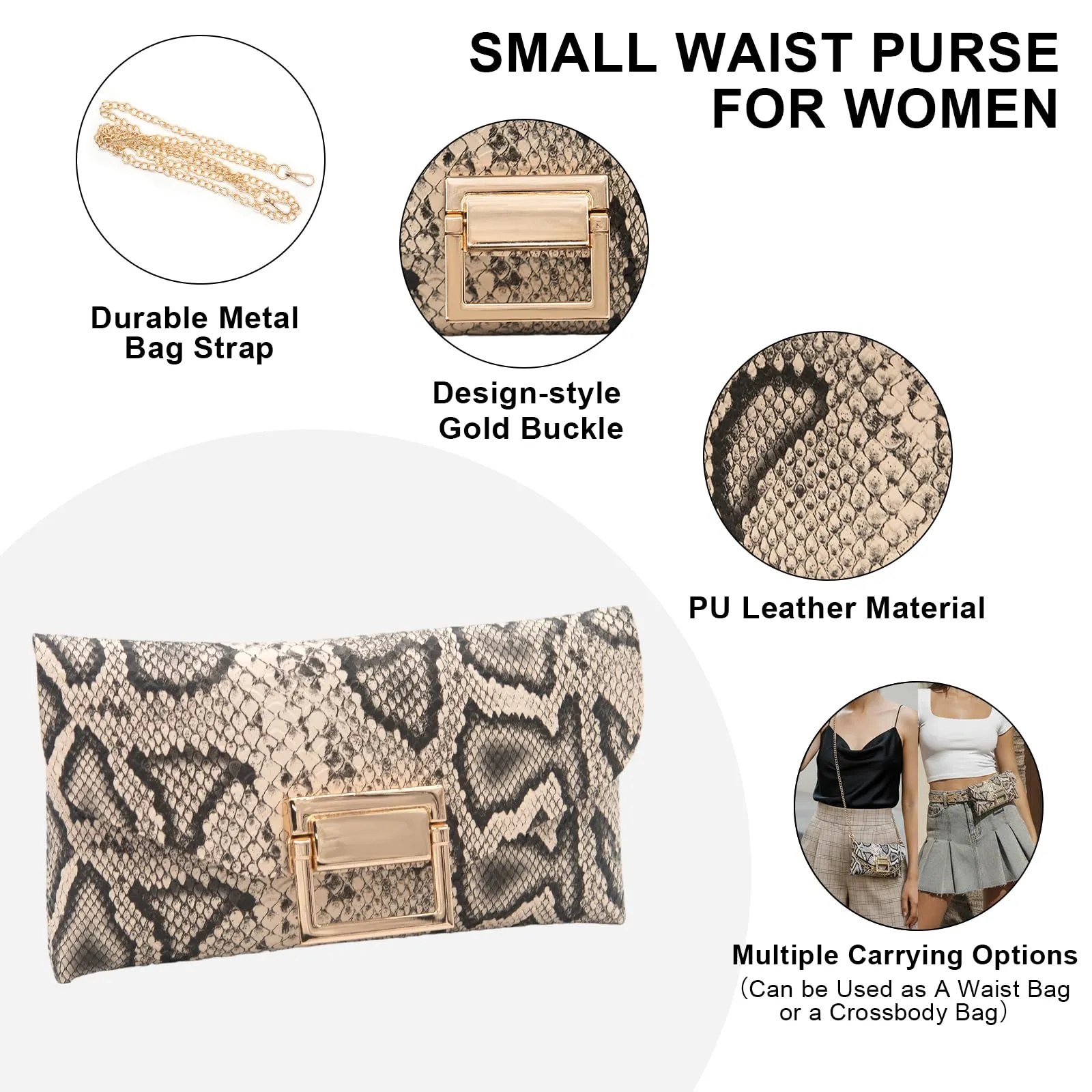 YAMEIZE Marsupio In Pelle PU per Donna Borsa Da Cintura tracolla a catena con cintura staccabile (Pelle di Serpente) - immagine 3