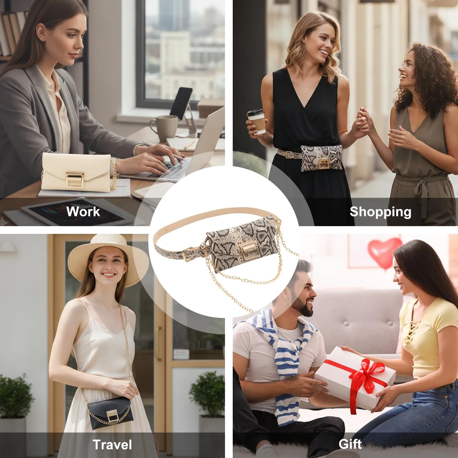 YAMEIZE Marsupio In Pelle PU per Donna Borsa Da Cintura tracolla a catena con cintura staccabile (Pelle di Serpente) - immagine 6