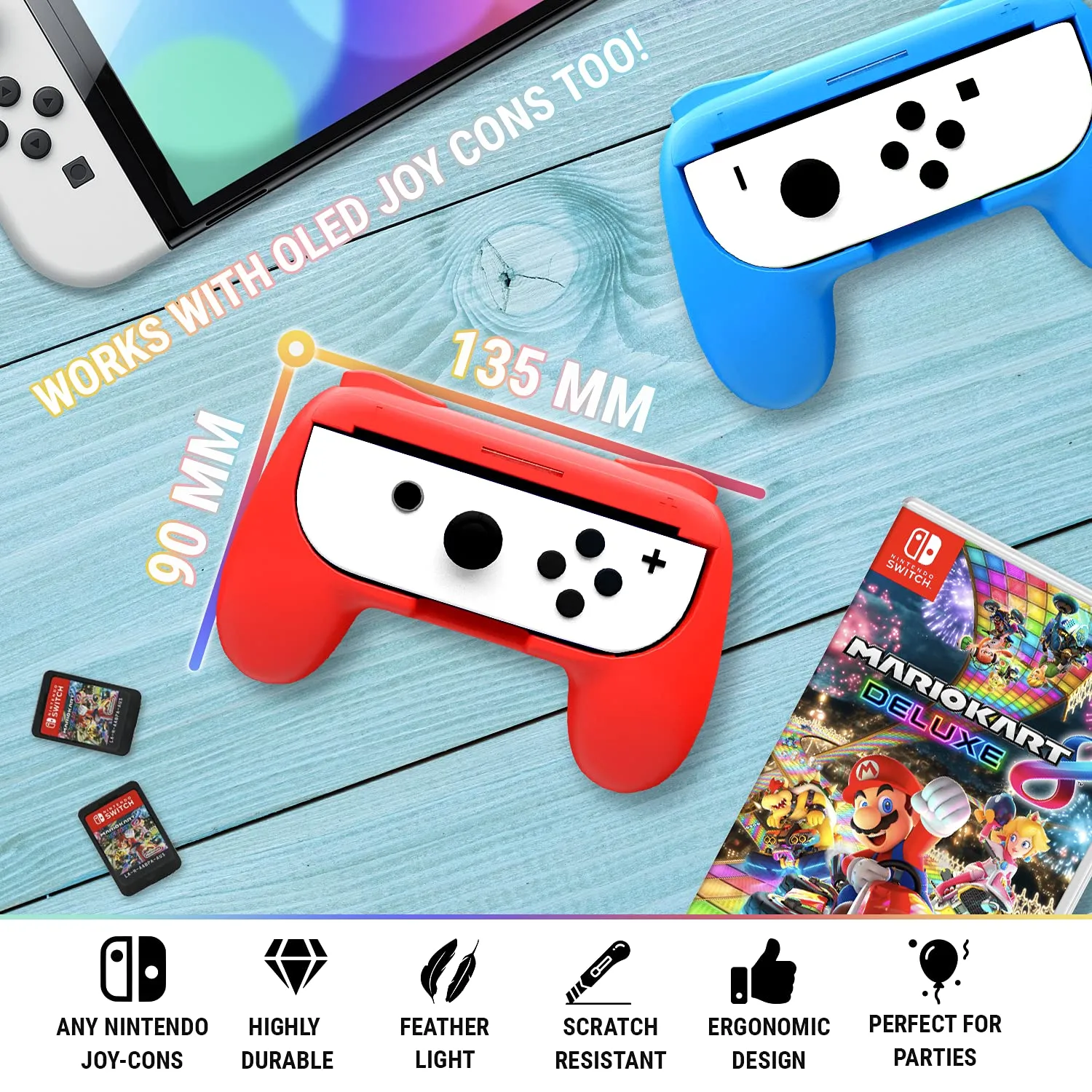 Grip Orzly compatibile con i Joy-Con del Nintendo Switch per un Comfort Extra (CONFEZIONE DOPPIA) - 2 Impugnature Universali (1 ROSSA + 1 AZZURRA) per i Joy-Con del Nintendo Switch - immagine 4