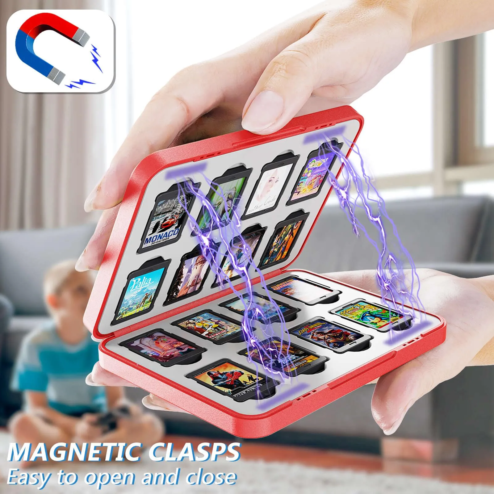 Custodia per Schede di Gioco Magnetiche per Nintendo Switch,Switch Lite & Switch OLED con 16 Slot per Schede di Gioco e 16 Slot per Schede Micro SD,Organizer di Gioco Antiurto Resistente All'acqua (C) - immagine 3