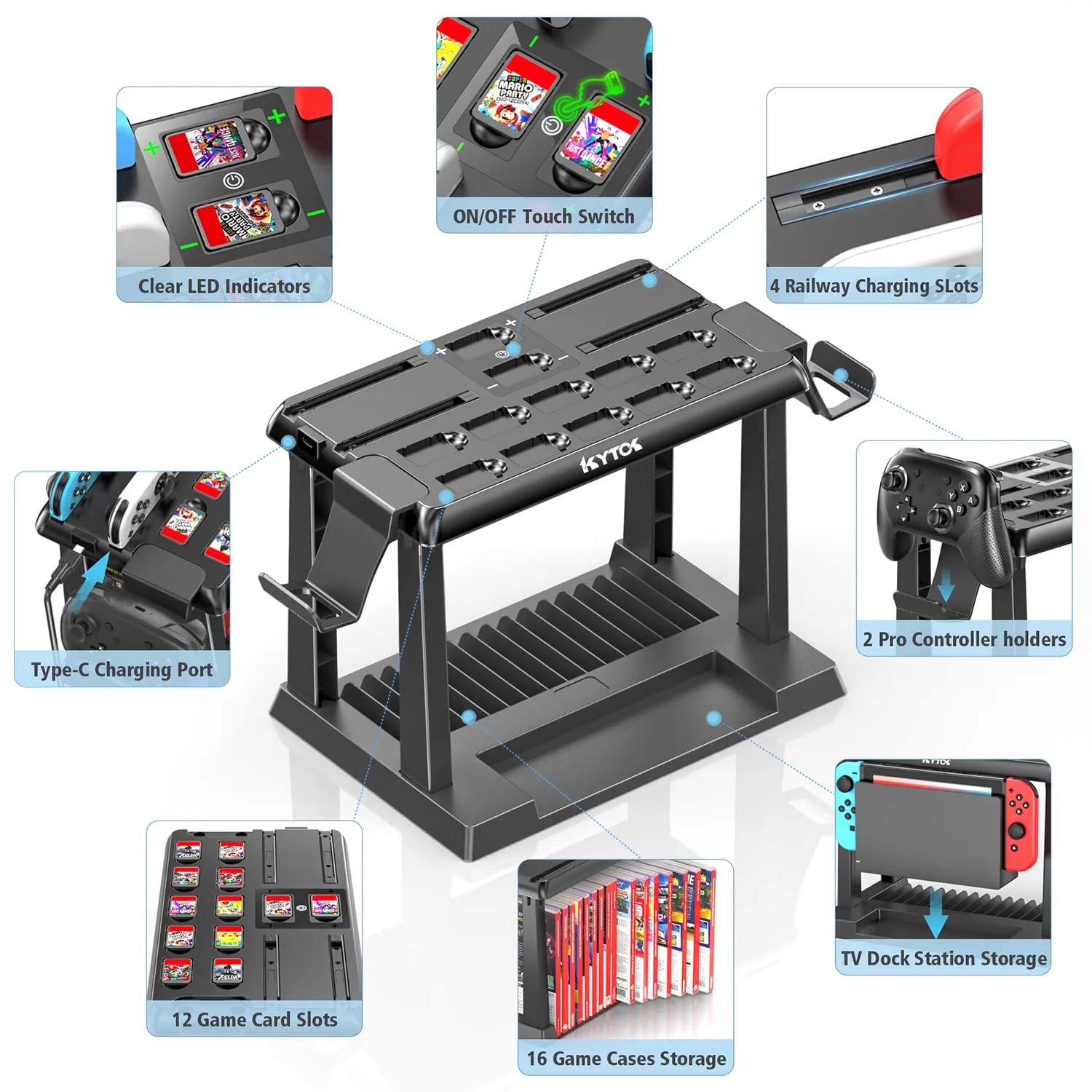 Kytok Supporto al Gioco Torre per Nintendo Switch/OLED, Caricatore per Joycon Switch & Supporto Accessori da Gioco Switch, Multifunzionale Switch Organizer per Gioco, Controller Pro e TV Dock - immagine 4