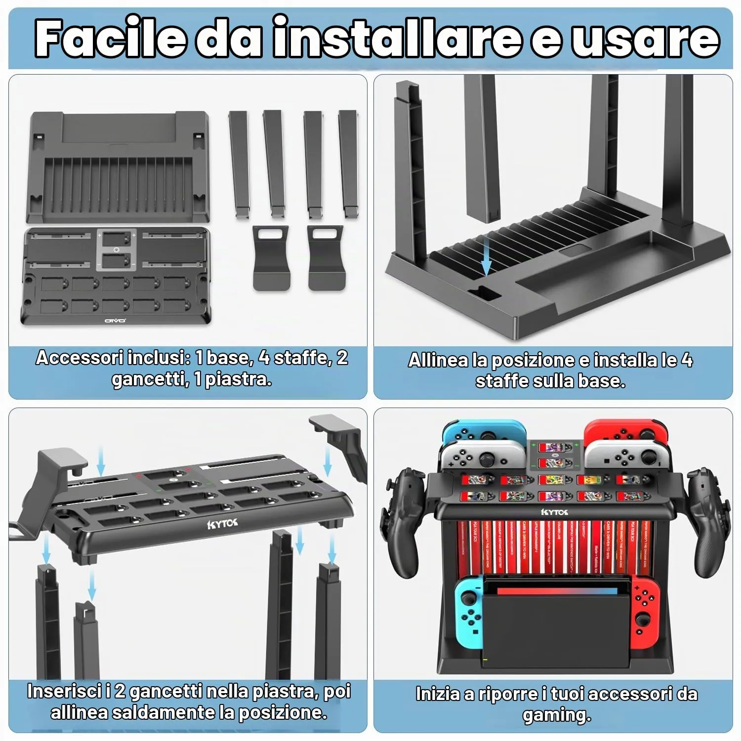 Kytok Supporto al Gioco Torre per Nintendo Switch/OLED, Caricatore per Joycon Switch & Supporto Accessori da Gioco Switch, Multifunzionale Switch Organizer per Gioco, Controller Pro e TV Dock - immagine 5
