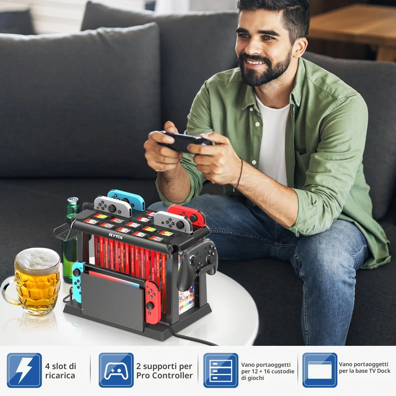 Kytok Supporto al Gioco Torre per Nintendo Switch/OLED, Caricatore per Joycon Switch & Supporto Accessori da Gioco Switch, Multifunzionale Switch Organizer per Gioco, Controller Pro e TV Dock - immagine 6
