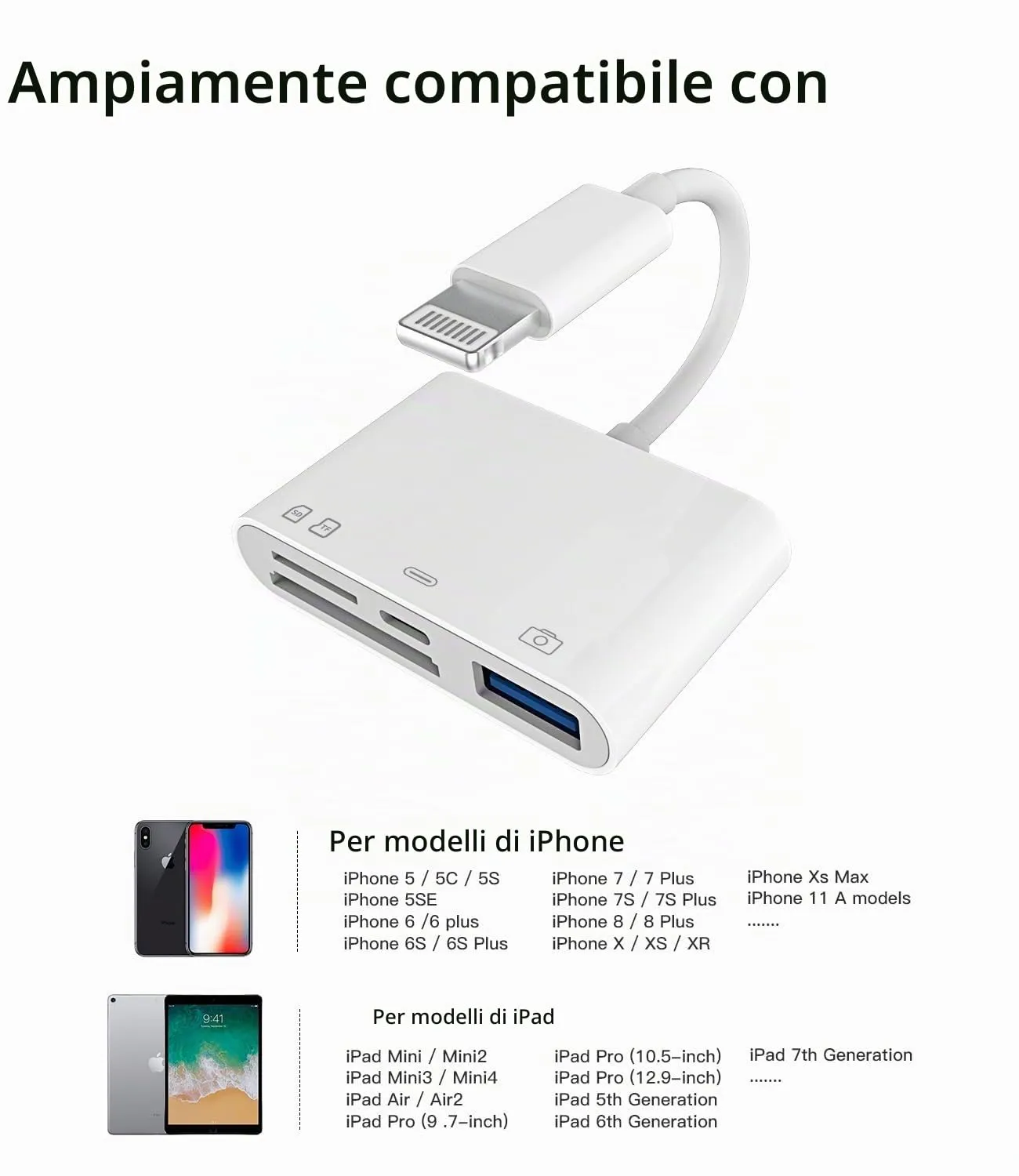 Adattatore lettore schede SD per Lightning(4 in 1)USB OTG 3.0 cavo chiavetta per iPhone 14 pro max ricarica jack TF micro SD card reader fotocamera memoria trasferire dati per Apple telefono per iPad - immagine 6