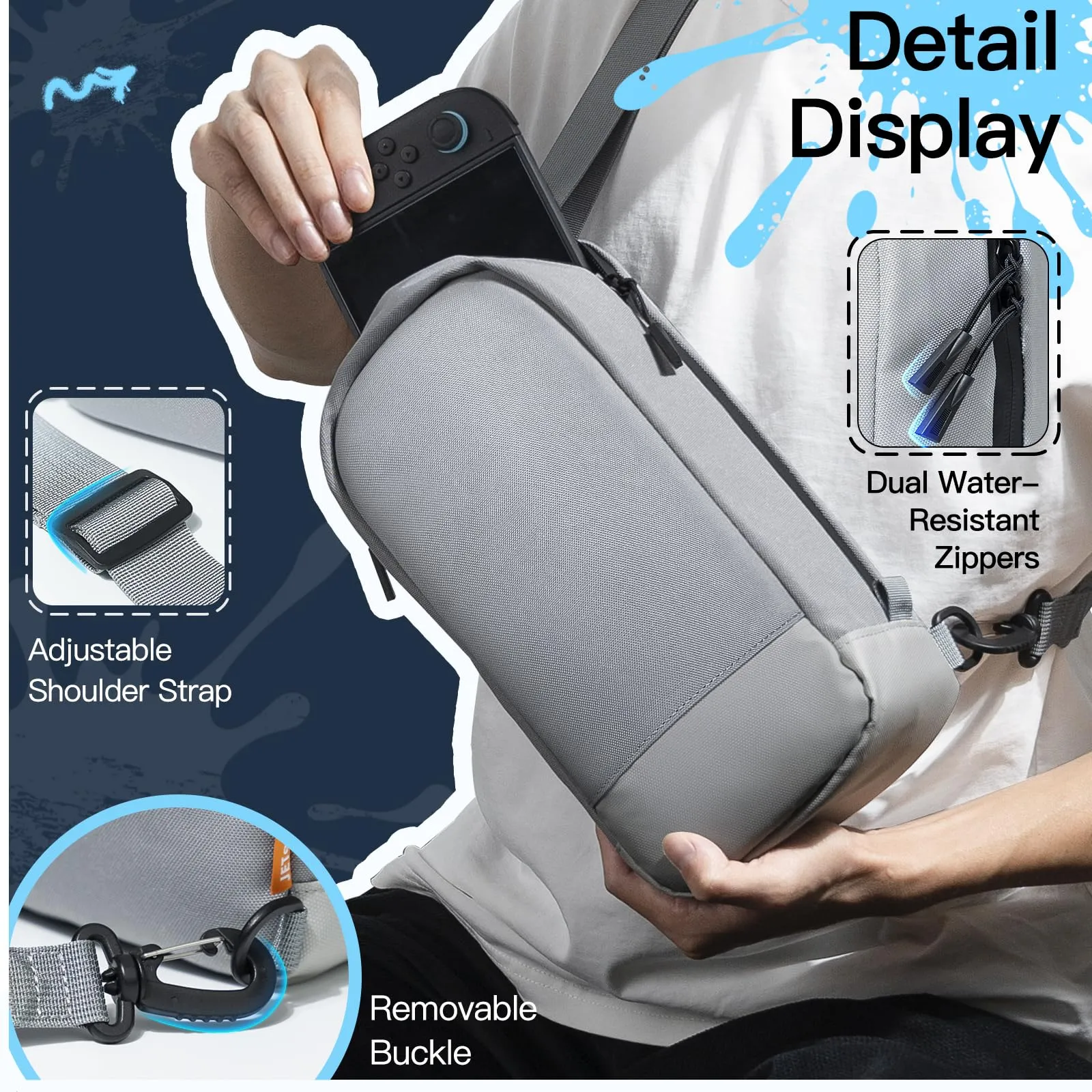 JETech Borsa a Tracolla per Nintendo Switch 2/Switch OLED, Grigio - immagine 5