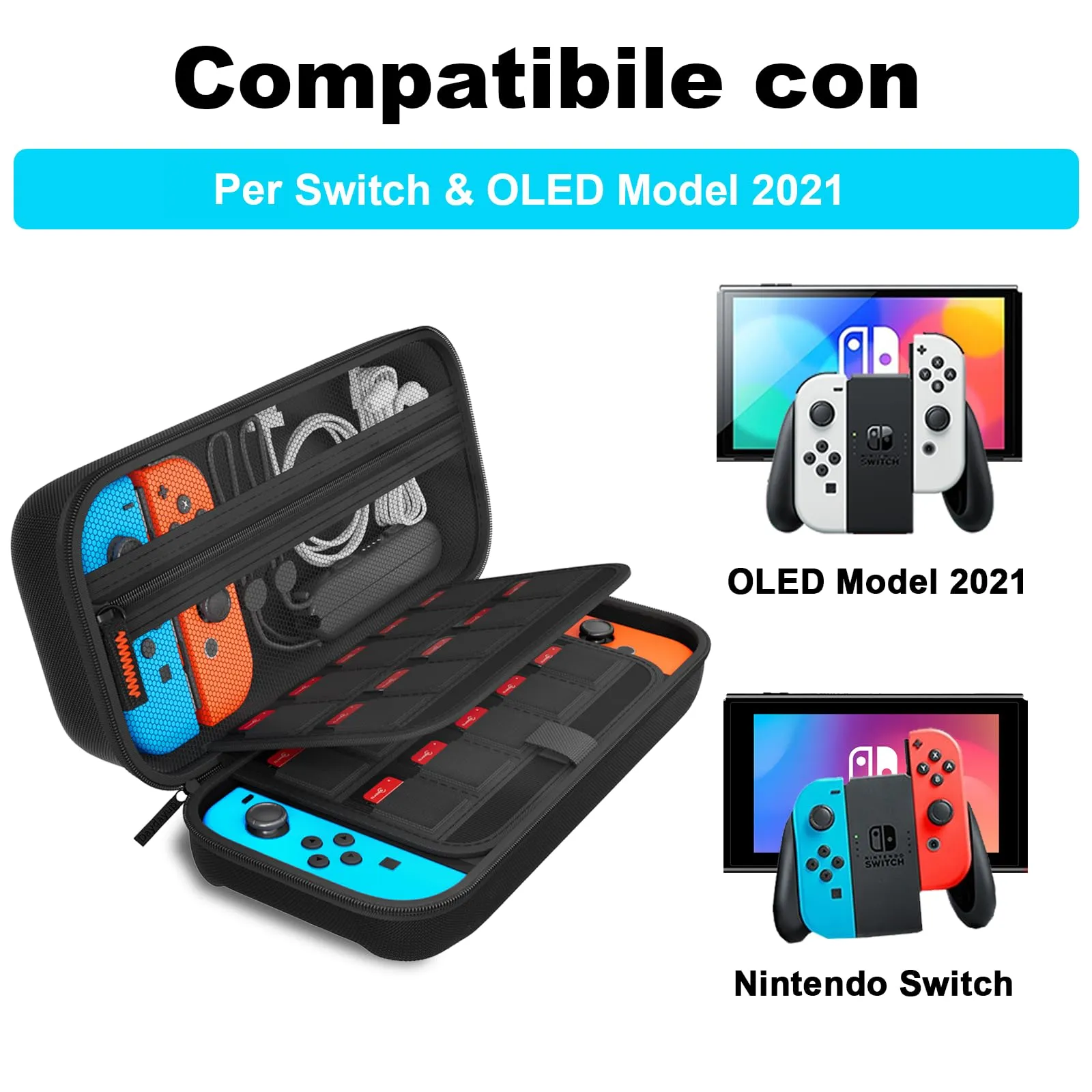 daydayup Borsa Compatibile con Nintendo e Nuovo Switch OLED, Custodia rigida per Nintendo Switch, Protettiva con Borsa per 20 Giochi, Accessori per Console-Nero - immagine 6