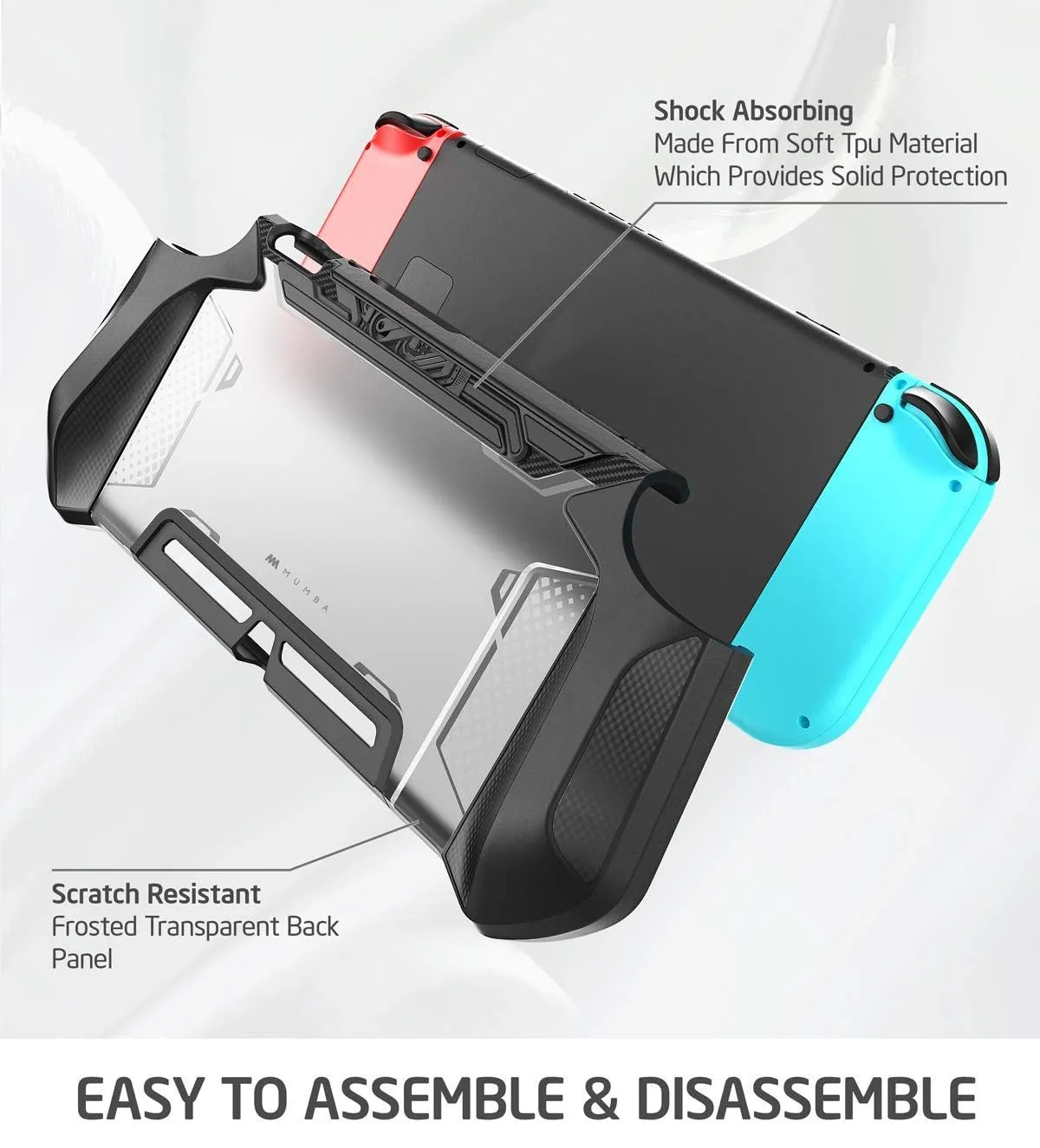 mumba Custodia per Nintendo Switch, robusta custodia protettiva ibrida in TPU con manico [serie Blade] compatibile con console Nintendo Switch e controller Joy-Con (nero), Nero - immagine 4