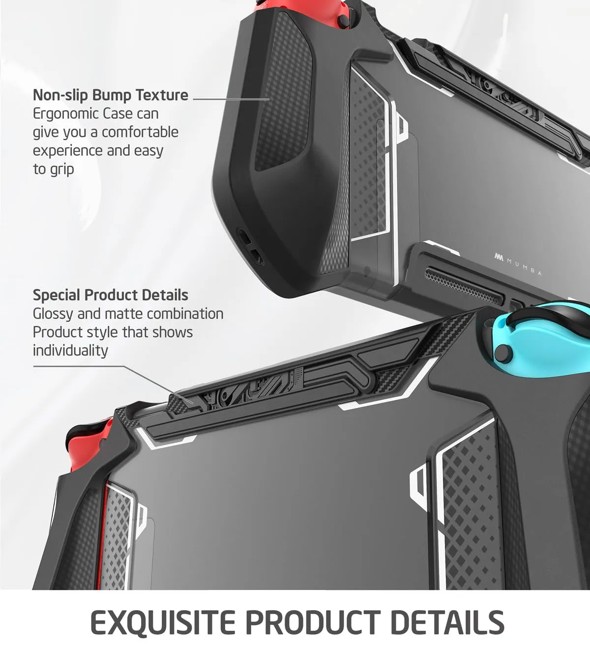 mumba Custodia per Nintendo Switch, robusta custodia protettiva ibrida in TPU con manico [serie Blade] compatibile con console Nintendo Switch e controller Joy-Con (nero), Nero - immagine 6