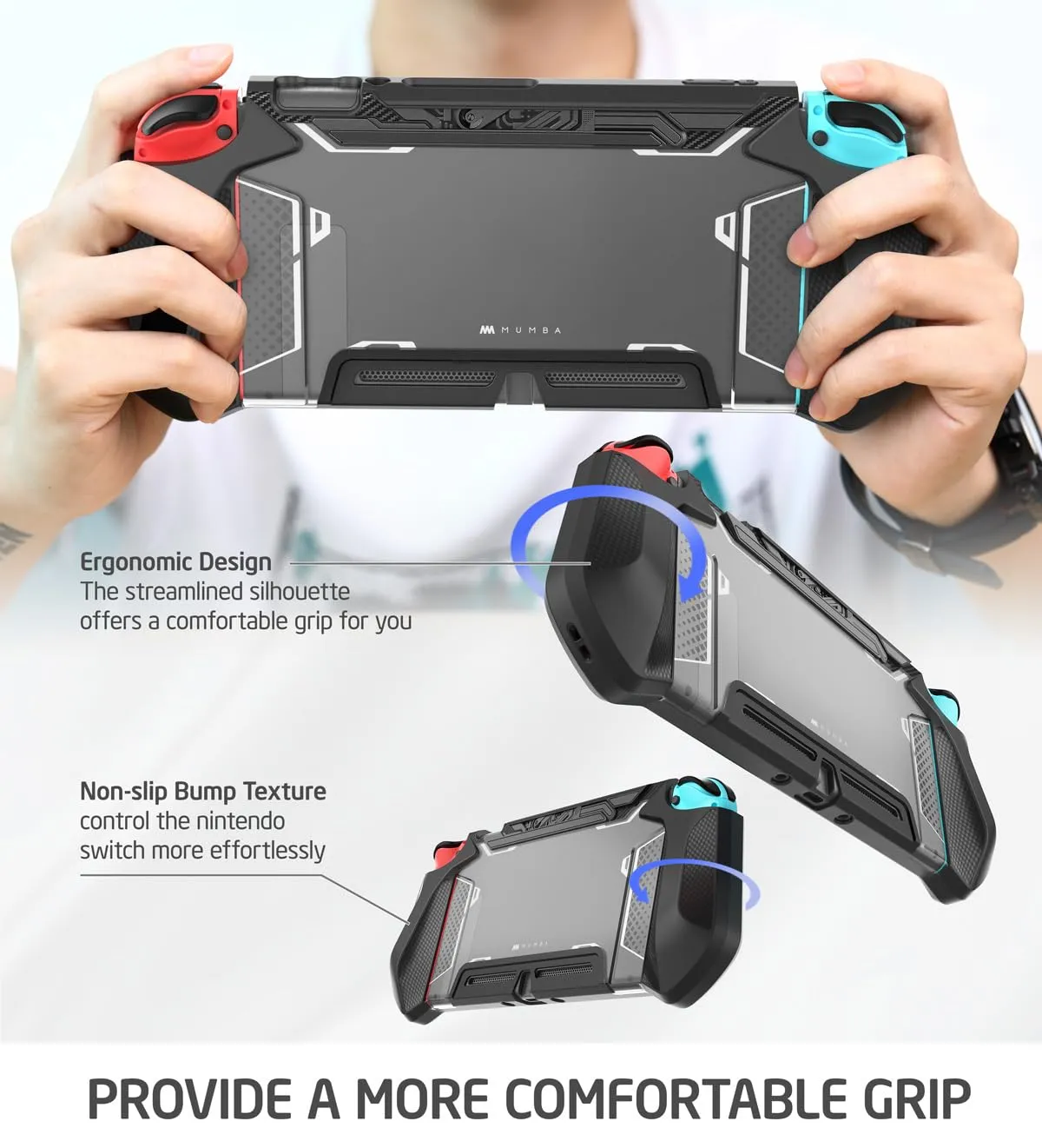 mumba Custodia per Nintendo Switch, robusta custodia protettiva ibrida in TPU con manico [serie Blade] compatibile con console Nintendo Switch e controller Joy-Con (nero), Nero - immagine 7