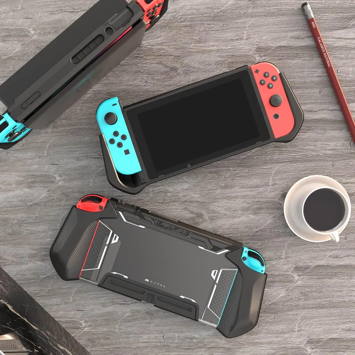 mumba Custodia per Nintendo Switch, robusta custodia protettiva ibrida in TPU con manico [serie Blade] compatibile con console Nintendo Switch e controller Joy-Con (nero), Nero - immagine 8