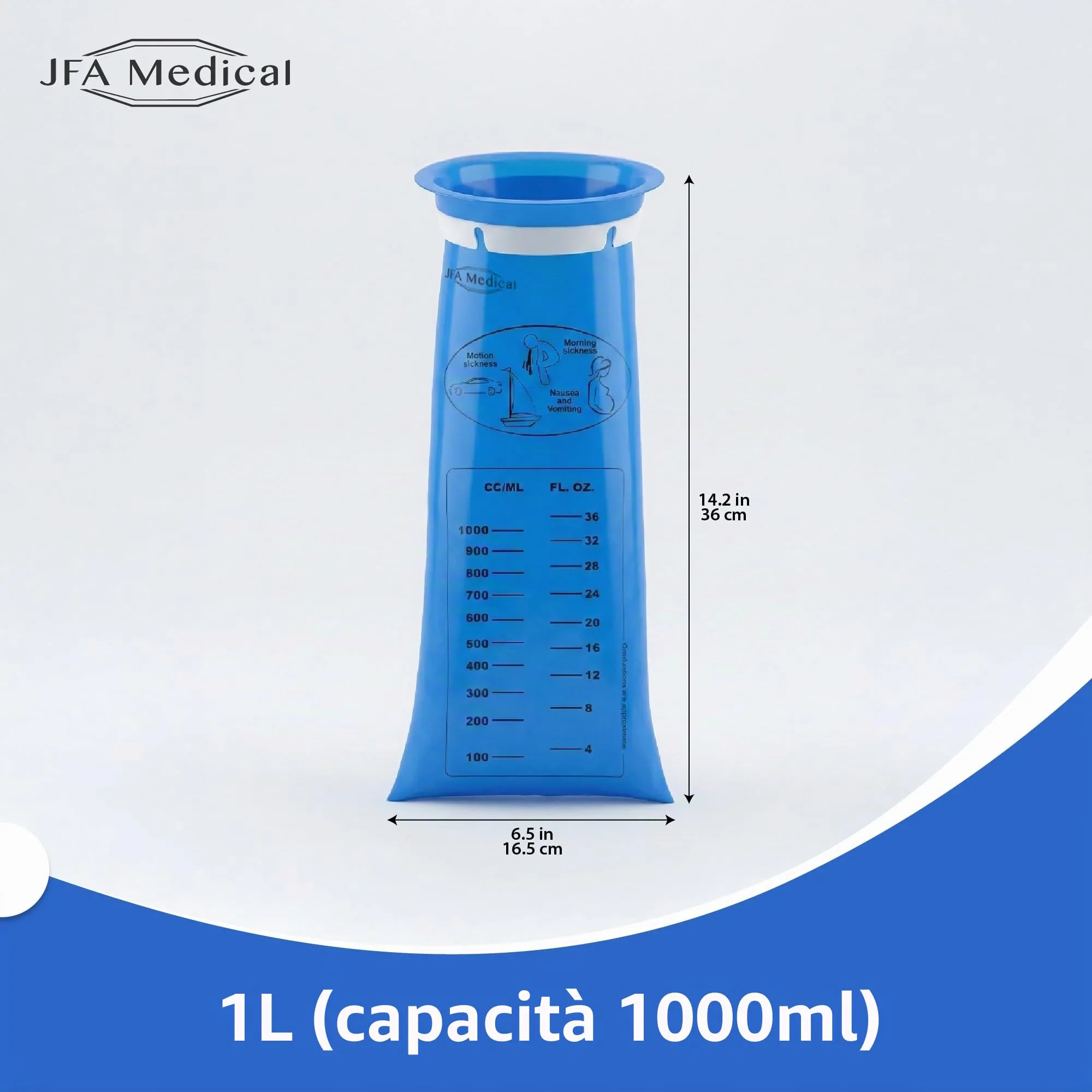 JFA Medical - Confezione da 50 sacchetti sanitari usa e getta per vomito, 1000 ml, per viaggi o emergenze ospedaliere o mal d’aria, con boccaglio - immagine 2