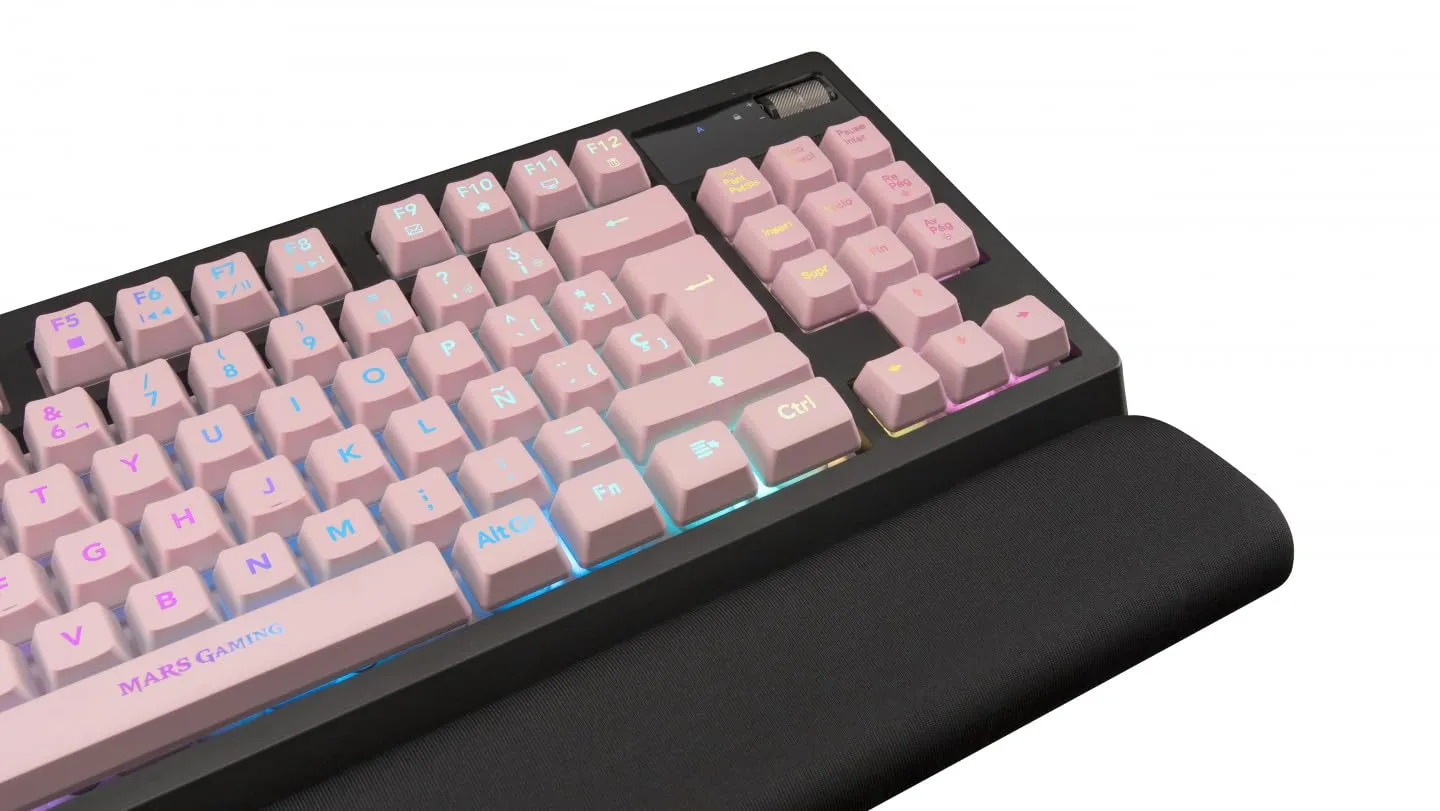 Mars Gaming MKAXPFR Tastiera Compatta TKL H-Mech, Illuminazione RGB 9 Effetti, Poggiapolsi in Gel, Rosa, Lingua Francese - immagine 2