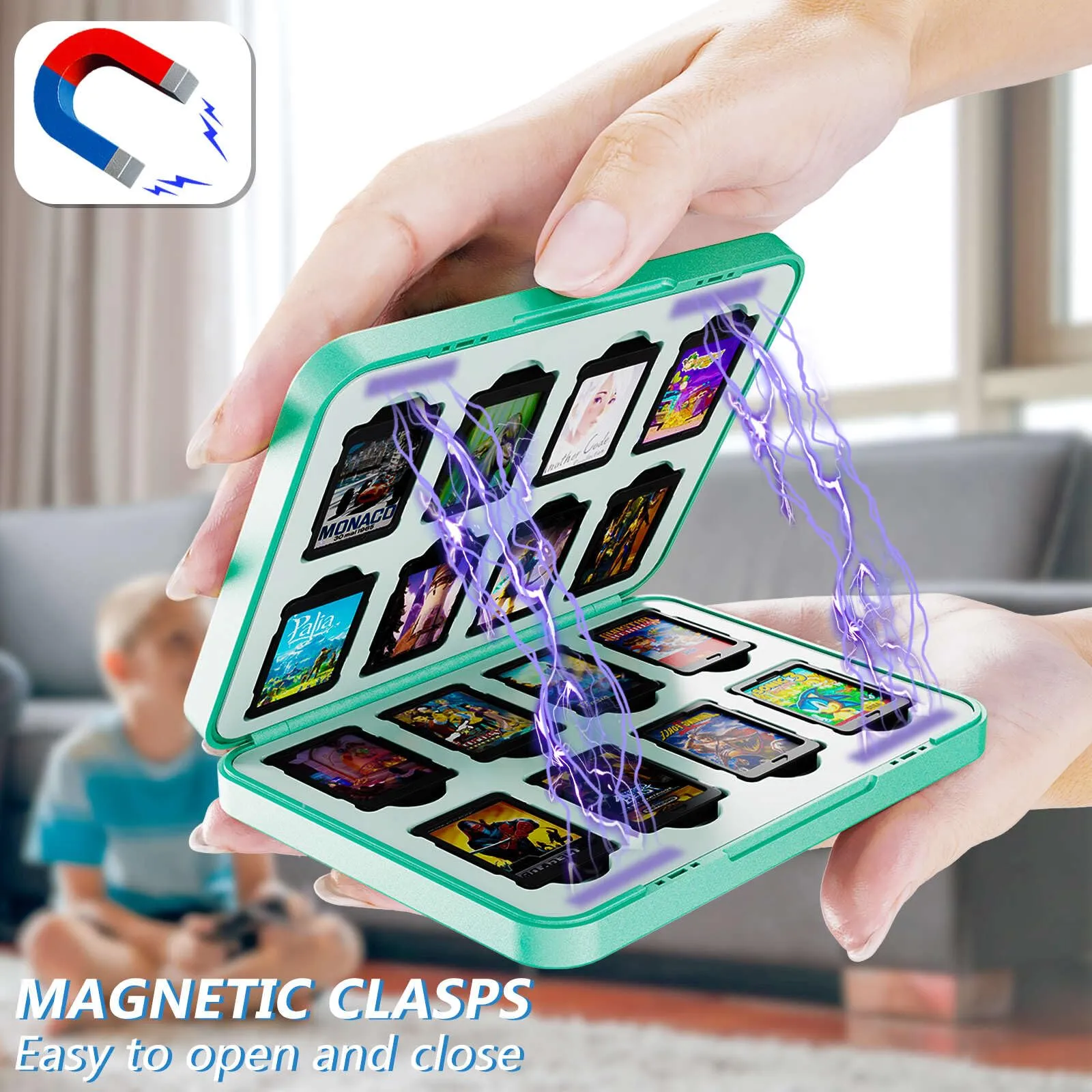 Custodia per Schede di Gioco Magnetiche per Nintendo Switch,Switch Lite & Switch OLED con 16 Slot per Schede di Gioco e 16 Slot per Schede Micro SD,Organizer di Gioco Antiurto Resistente All'acqua (B) - immagine 3