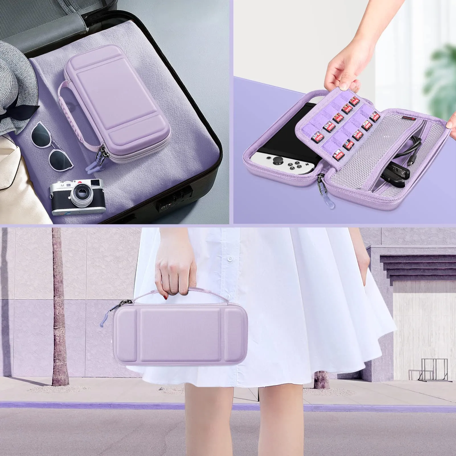 Fintie Custodia per Nintendo Switch/Switch modello OLED – [resistente agli urti] Custodia rigida con 10 porta carte da gioco, cinghia per console Nintendo Switch e accessori,, Viola pastello, Custodia - immagine 7