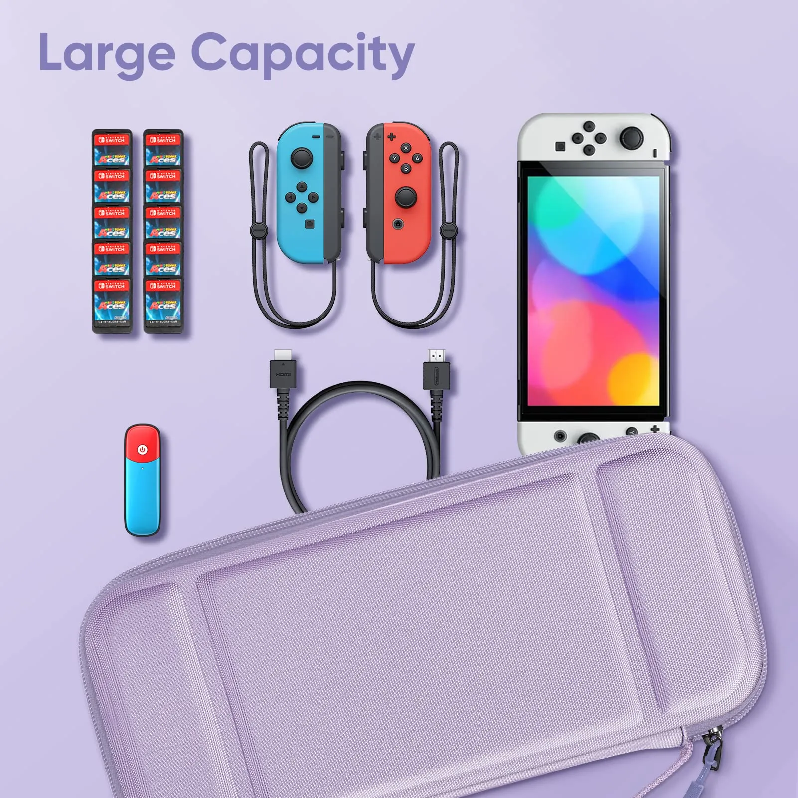 Fintie Custodia per Nintendo Switch/Switch modello OLED – [resistente agli urti] Custodia rigida con 10 porta carte da gioco, cinghia per console Nintendo Switch e accessori,, Viola pastello, Custodia - immagine 8