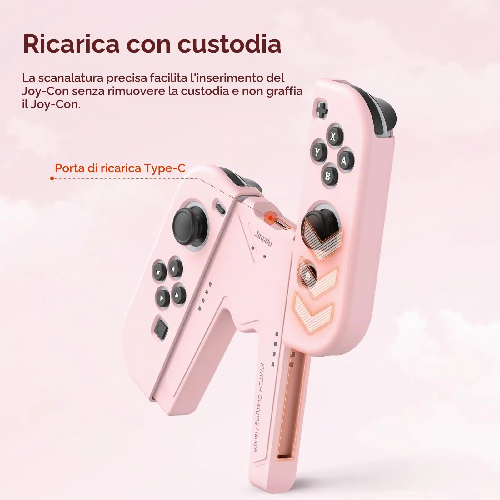 JINGDU Impugnatura di ricarica Joy-Con per Nintendo Switch NS/Switch OLED, Impugnatura Caricatore per Controller a Forma di V Accessori di Gioco per Joy con,USB di tipo C,Rosa - immagine 2