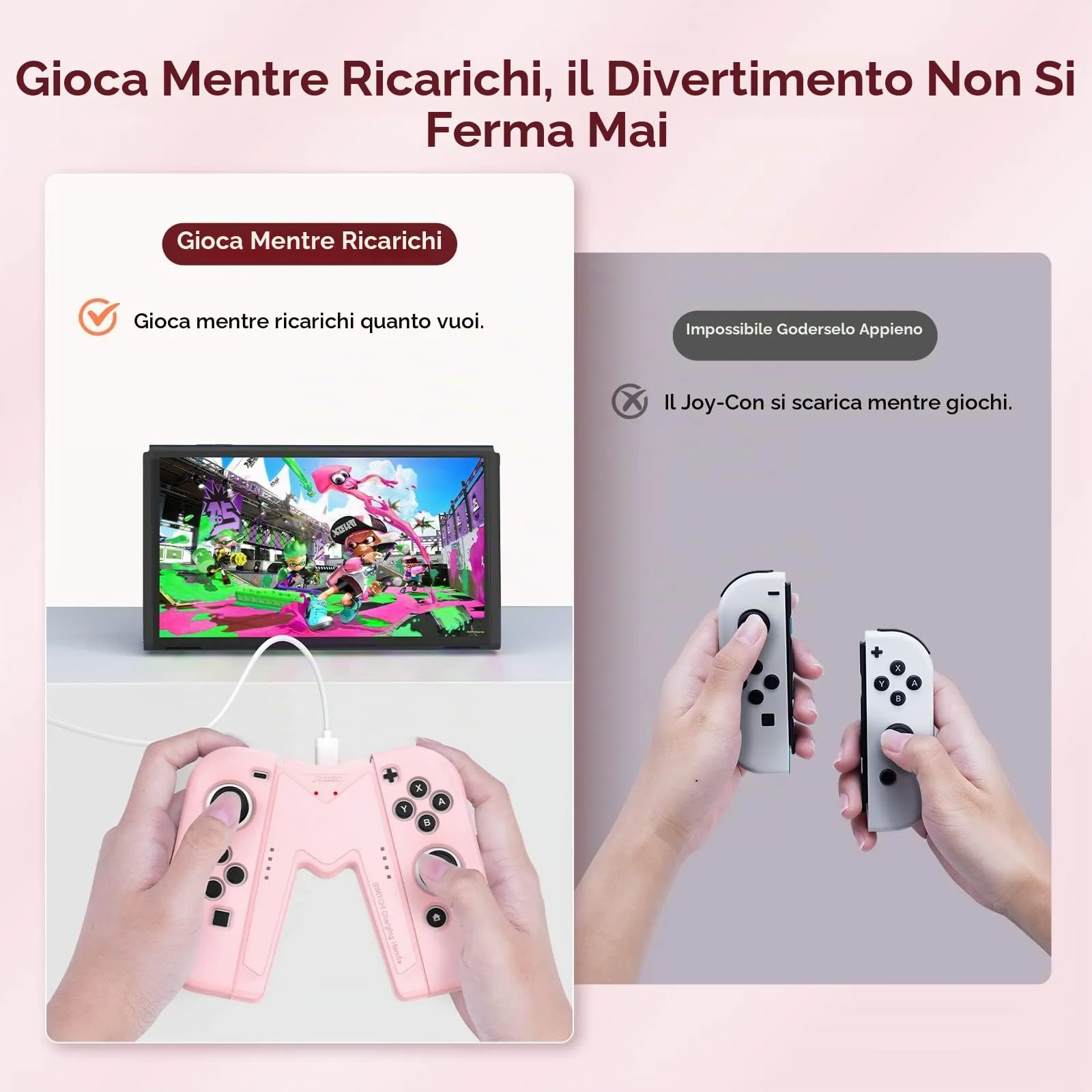 JINGDU Impugnatura di ricarica Joy-Con per Nintendo Switch NS/Switch OLED, Impugnatura Caricatore per Controller a Forma di V Accessori di Gioco per Joy con,USB di tipo C,Rosa - immagine 3