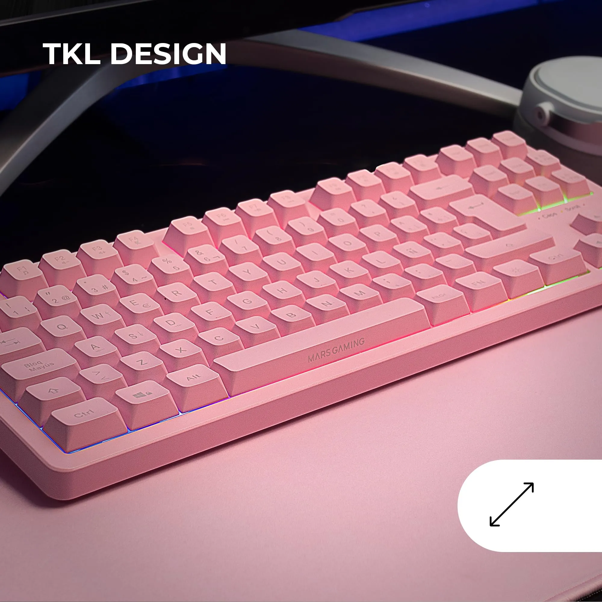 Mars Gaming MK023, Tastiera Gaming TKL, Tecnologia Ibrida H-Mech, Illuminazione FRGB Rainbow, Anti-ghosting, Compatibilità Universale, Rosa, Lingua Francese - immagine 2