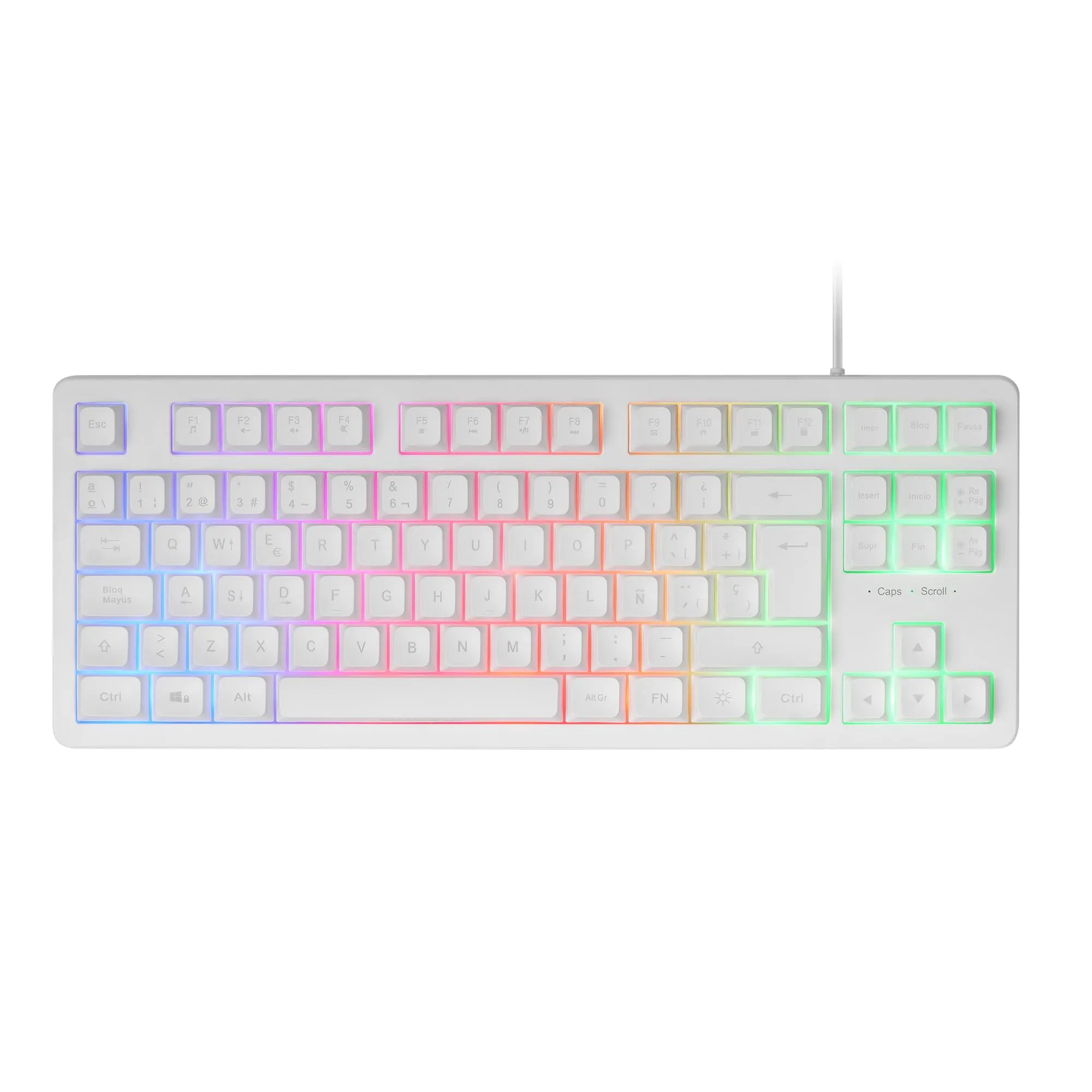 Mars Gaming MK023, Tastiera Gaming TKL, Tecnologia Ibrida H-Mech, Illuminazione FRGB Rainbow, Anti-ghosting, Compatibilità Universale, Bianco, Lingua Spagnola - immagine 1