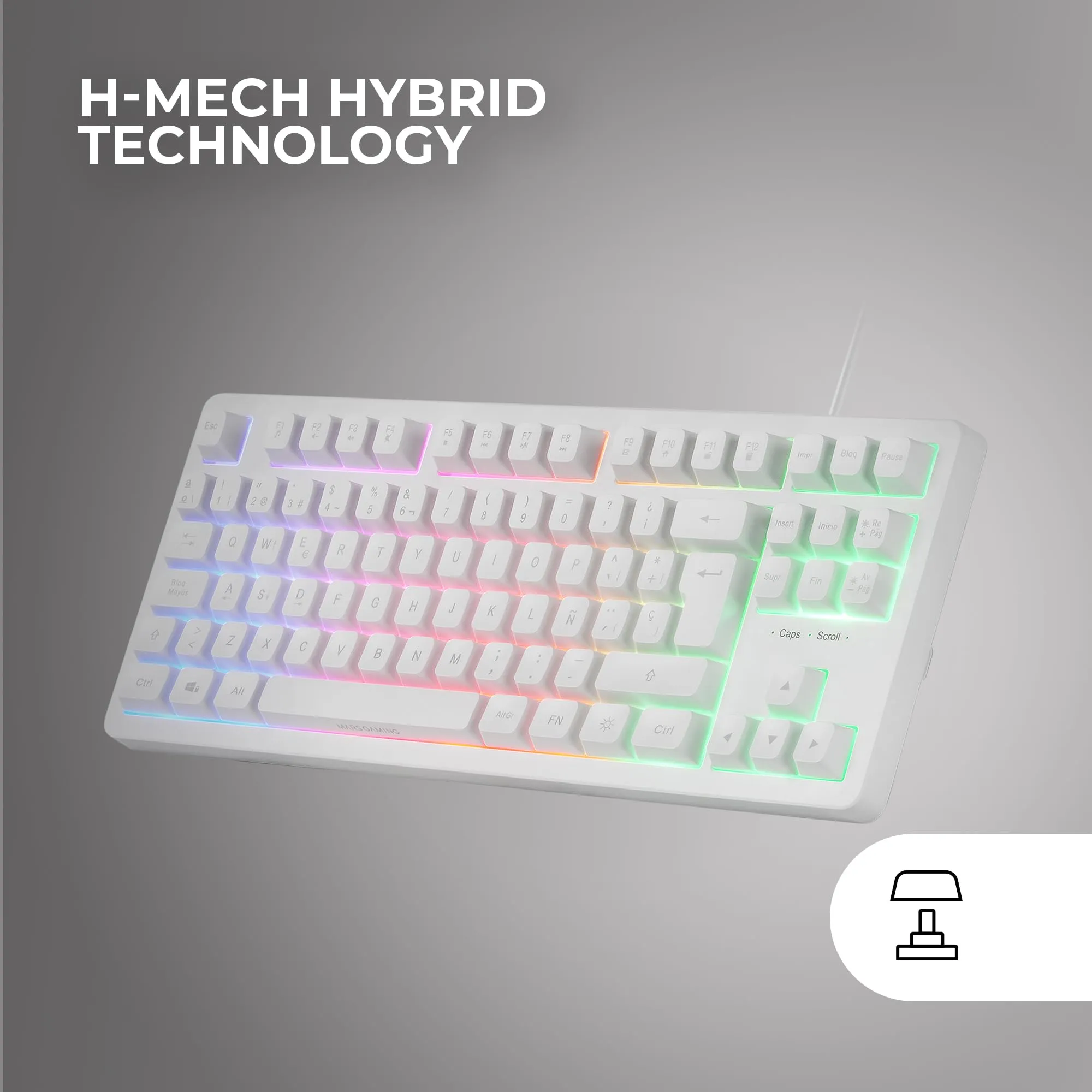 Mars Gaming MK023, Tastiera Gaming TKL, Tecnologia Ibrida H-Mech, Illuminazione FRGB Rainbow, Anti-ghosting, Compatibilità Universale, Bianco, Lingua Spagnola - immagine 3
