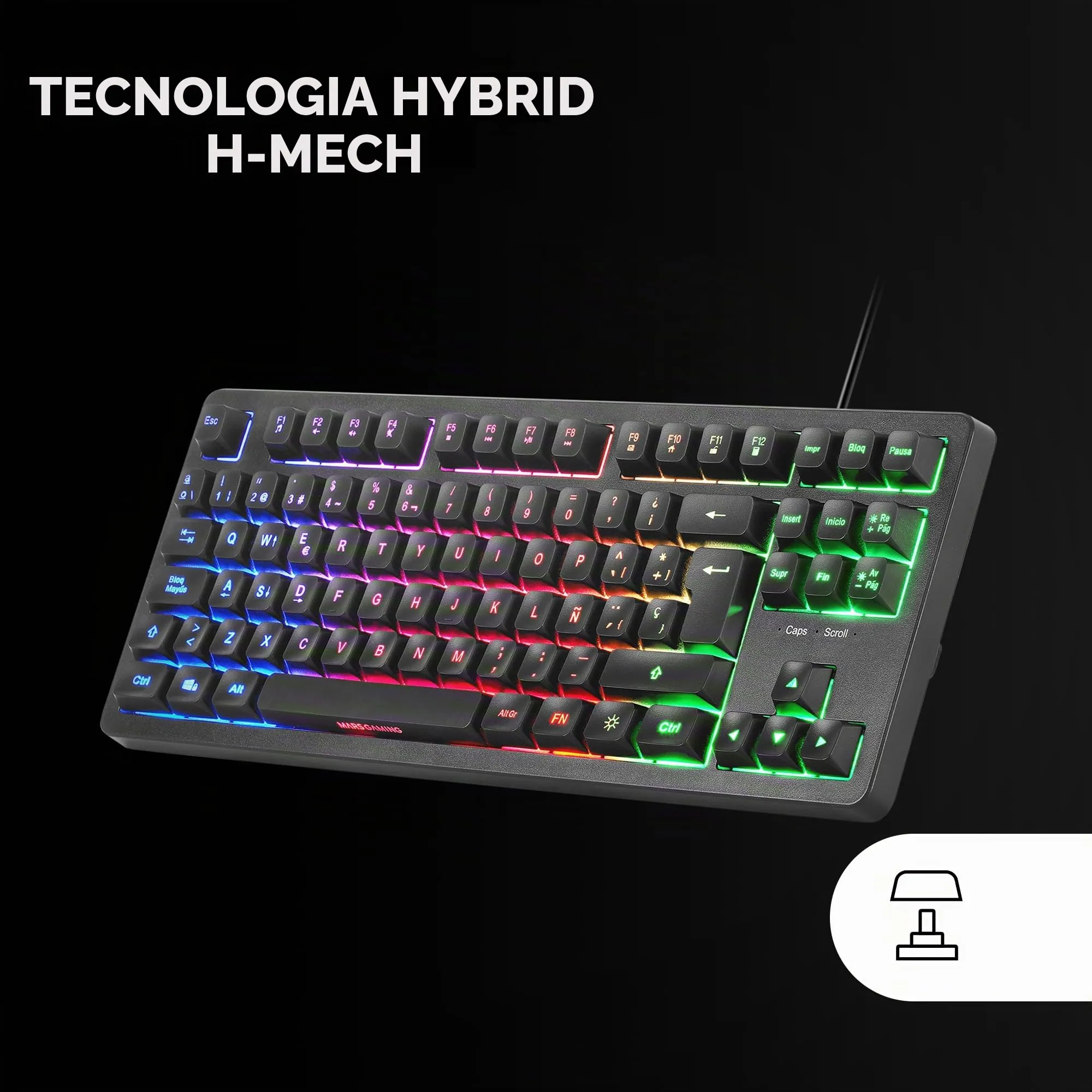 Mars Gaming MK023, Tastiera Gaming TKL, Tecnologia Ibrida H-Mech, Illuminazione FRGB Rainbow, Anti-ghosting, Compatibilità Universale, Nero, Lingua Spagnola - immagine 3