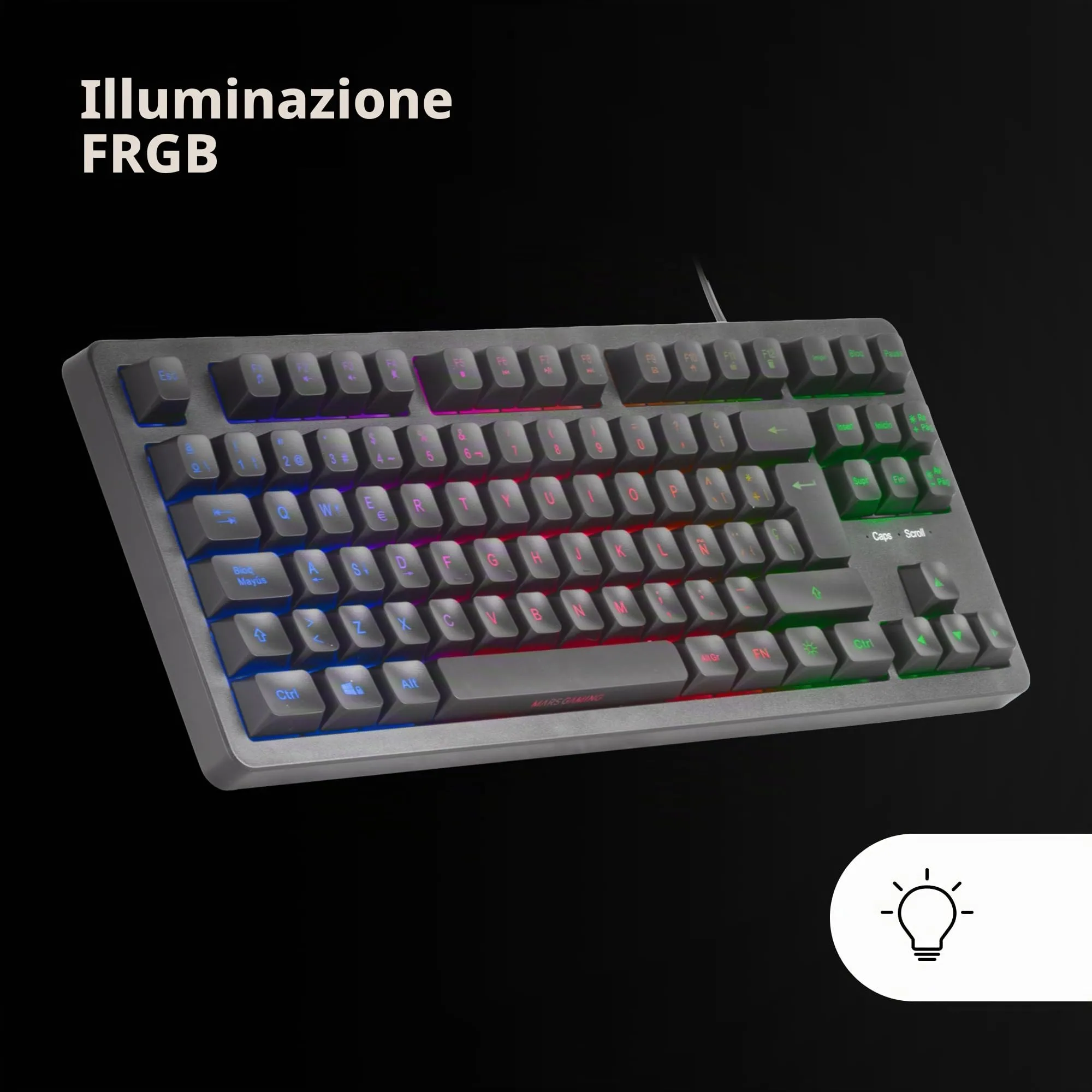 Mars Gaming MK023, Tastiera Gaming TKL, Tecnologia Ibrida H-Mech, Illuminazione FRGB Rainbow, Anti-ghosting, Compatibilità Universale, Nero, Lingua Spagnola - immagine 4