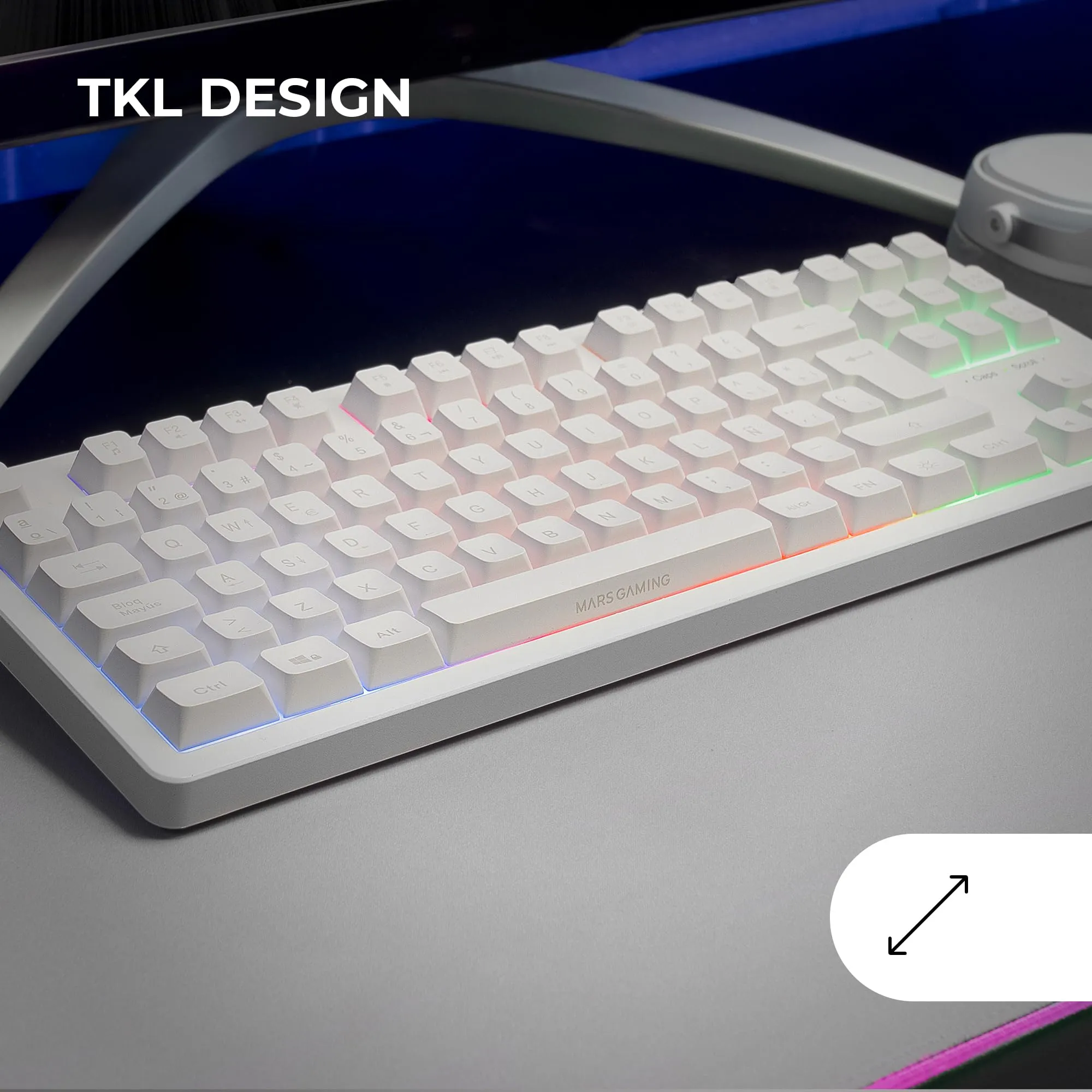Mars Gaming MK023, Tastiera Gaming TKL, Tecnologia Ibrida H-Mech, Illuminazione FRGB Rainbow, Anti-ghosting, Compatibilità Universale, Bianco, Lingua Portoghese - immagine 2